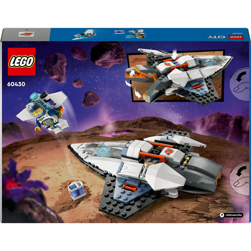 LEGO City Space Set Box mit Raumschiff- und Astronautenfiguren, vor Weltraumhintergrund.