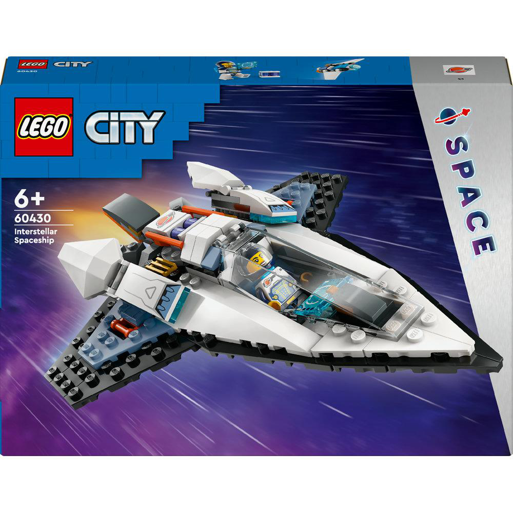 Lego City Interstellar Spaceship Spielzeugkiste mit Raumschiff, auf dunkelblauem Hintergrund.