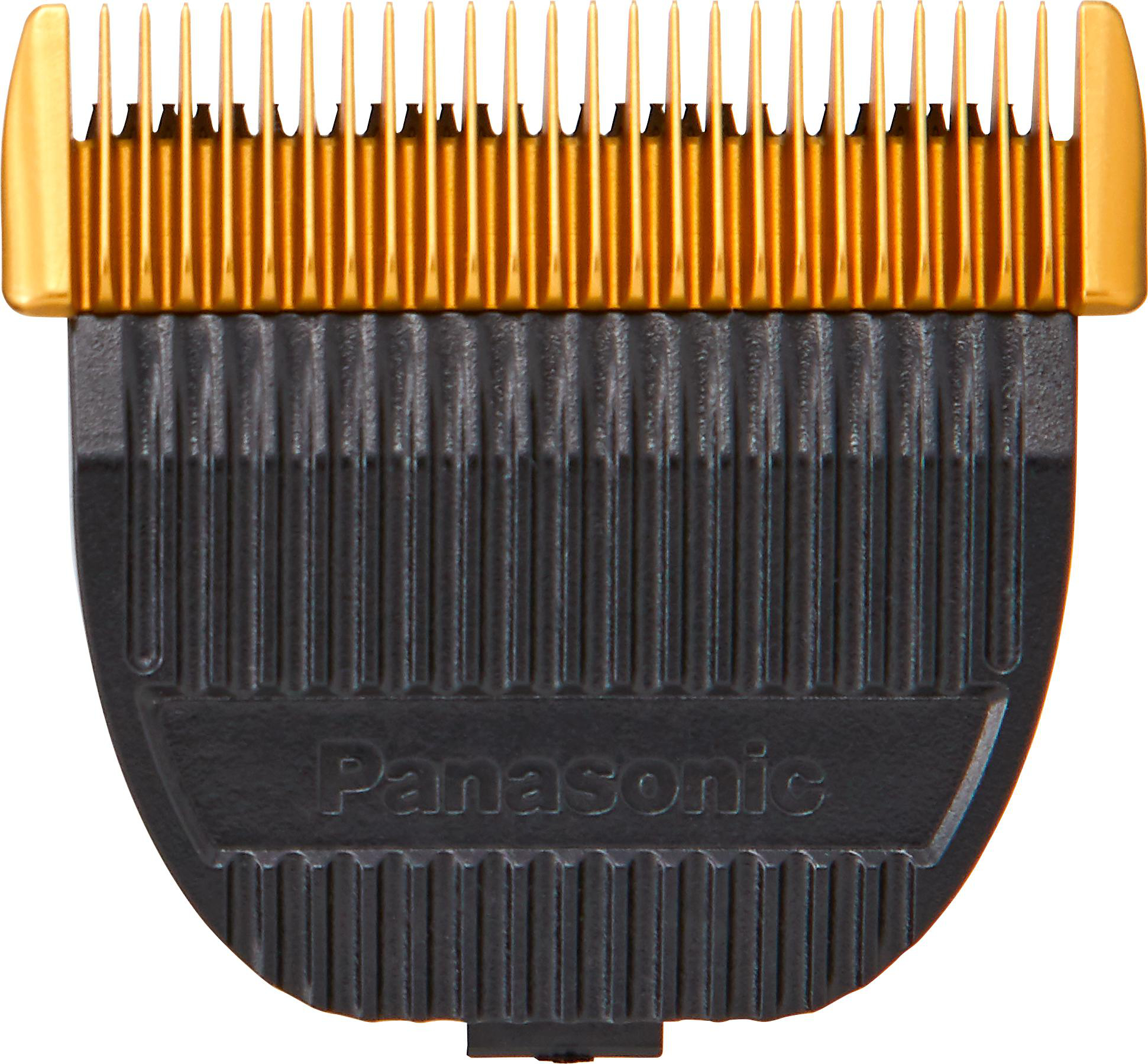Nahaufnahme einer schwarzen und goldenen Panasonic Haarschneidemaschinenklinge.