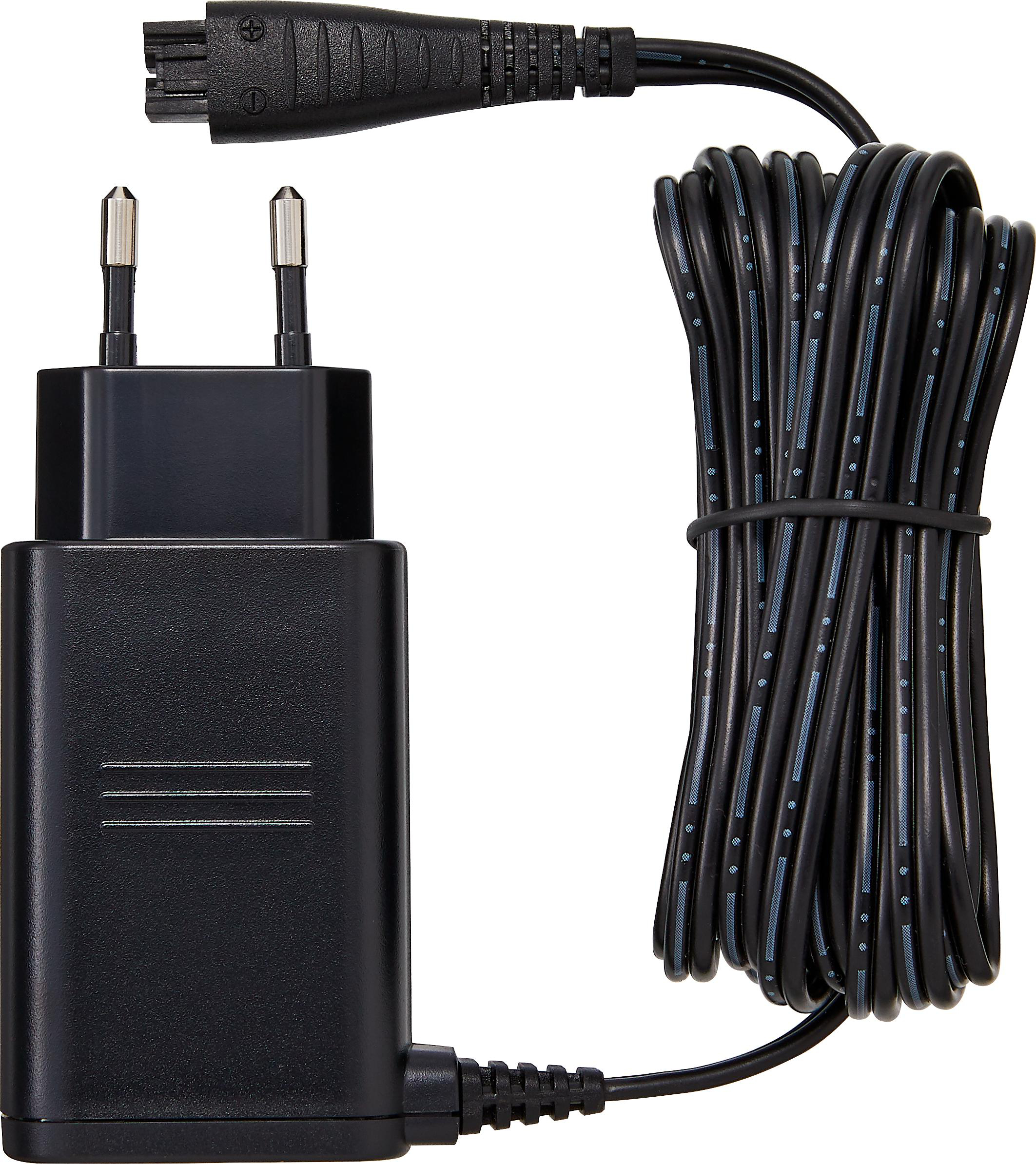 Schwarzer Netzadapter mit Stecker und schwarzem Kabel, auf weißem Hintergrund.