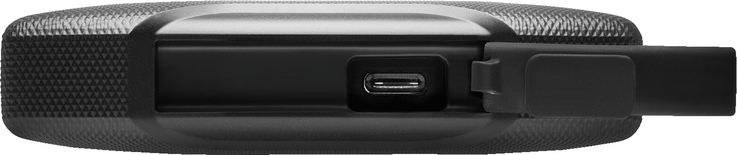 Schwarze externe Festplatte mit USB-C-Anschluss. Dunkelgrauer Hintergrund.