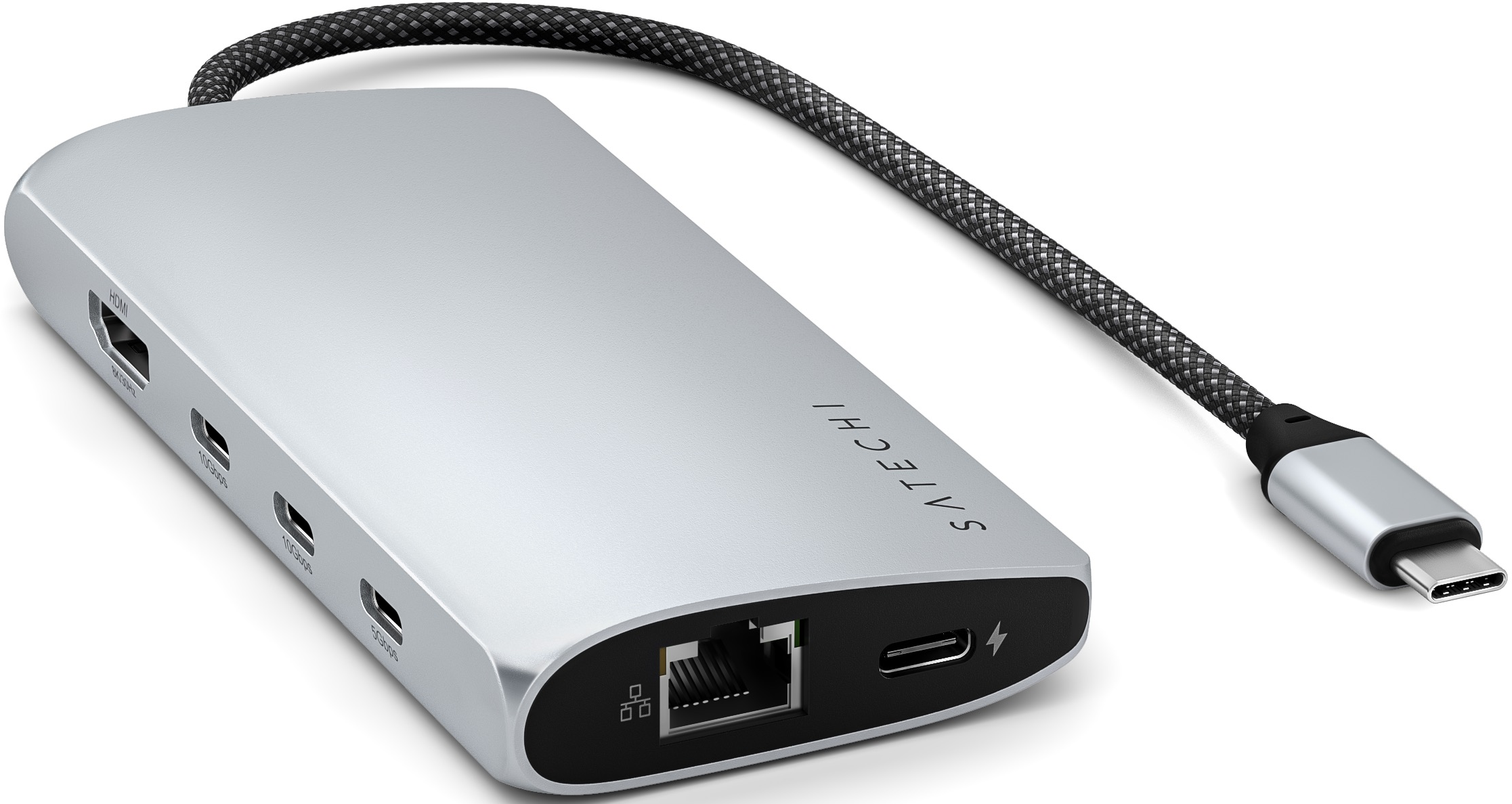 Ein silberner Satechi-Hub mit Anschlüssen und einem geflochtenen Kabel mit USB-C-Anschluss.