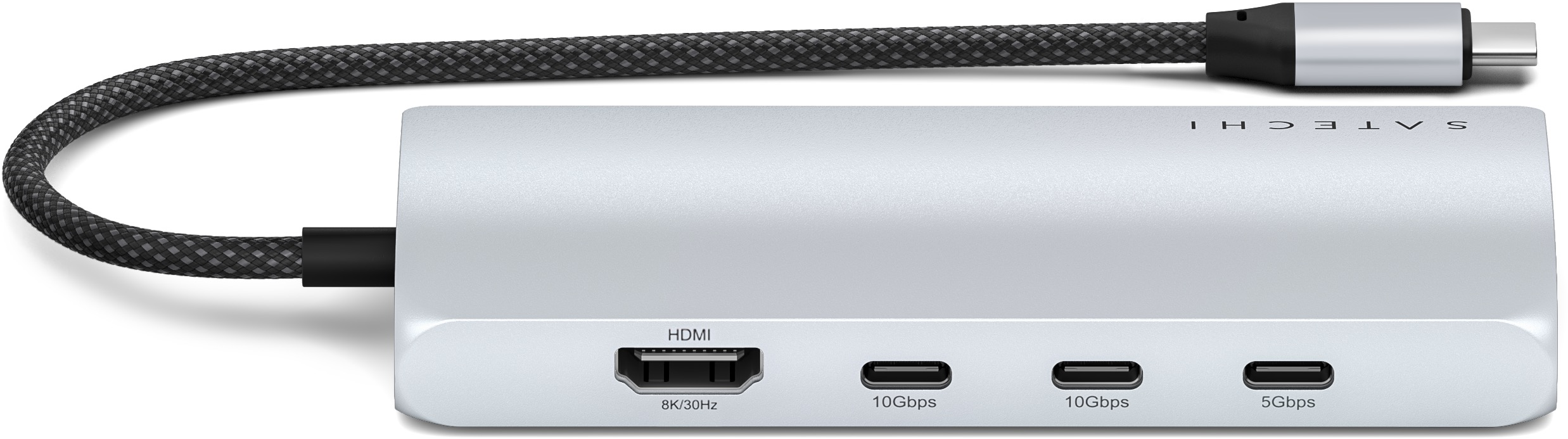 Silberner Hub mit Ports: HDMI, 10 Gbit/s, 10 Gbit/s, 5 Gbit/s. Geflochtenes schwarzes Kabel.