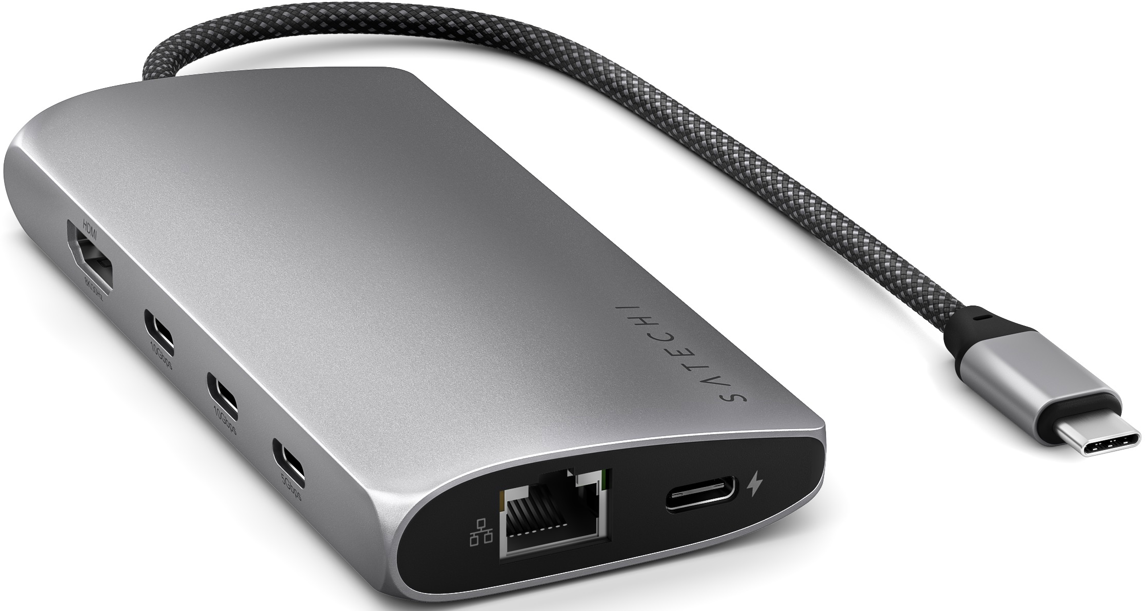 Silberner Satechi USB-C Hub mit verschiedenen Anschlüssen und geflochtenem Kabel.