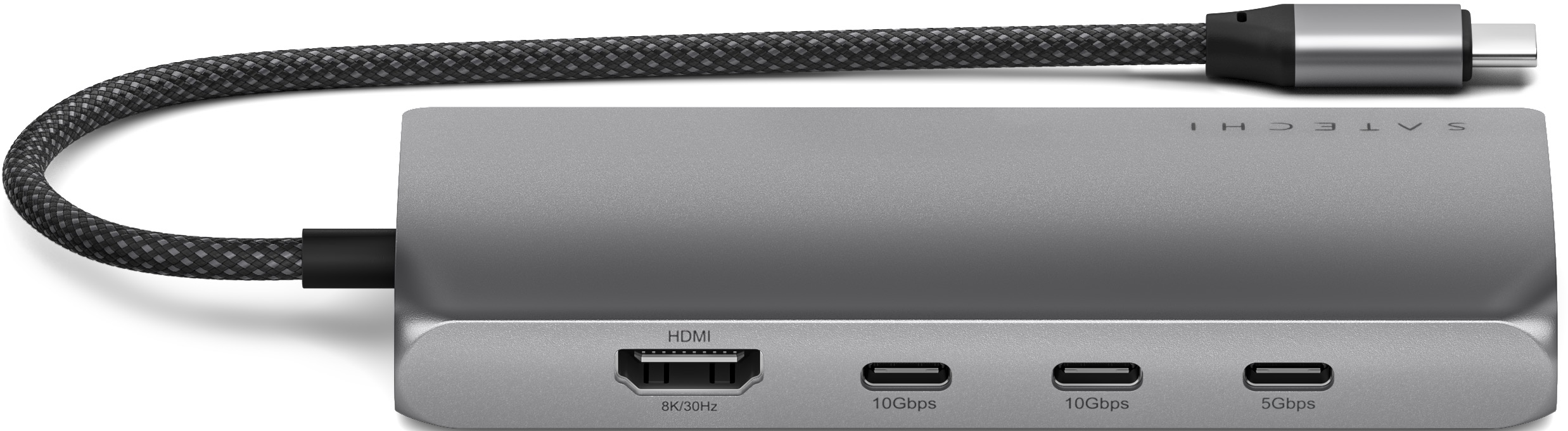 Ein grauer Multiport-Adapter mit einem Kabel.