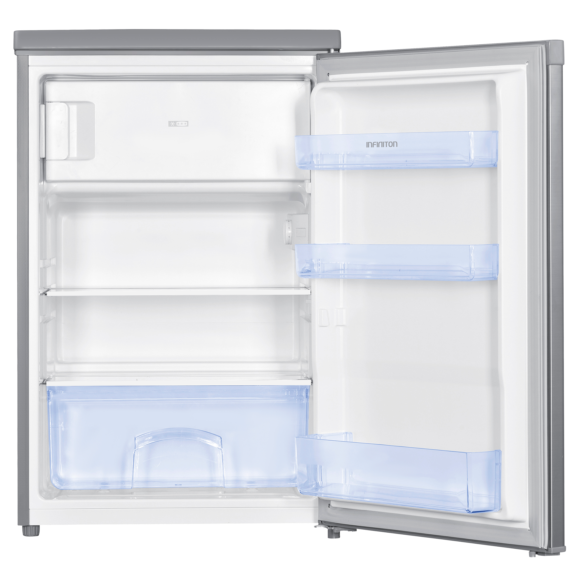 Min nevera abierta con interior blanco, estantes azules y un cajón. La puerta de la nevera está abierta.