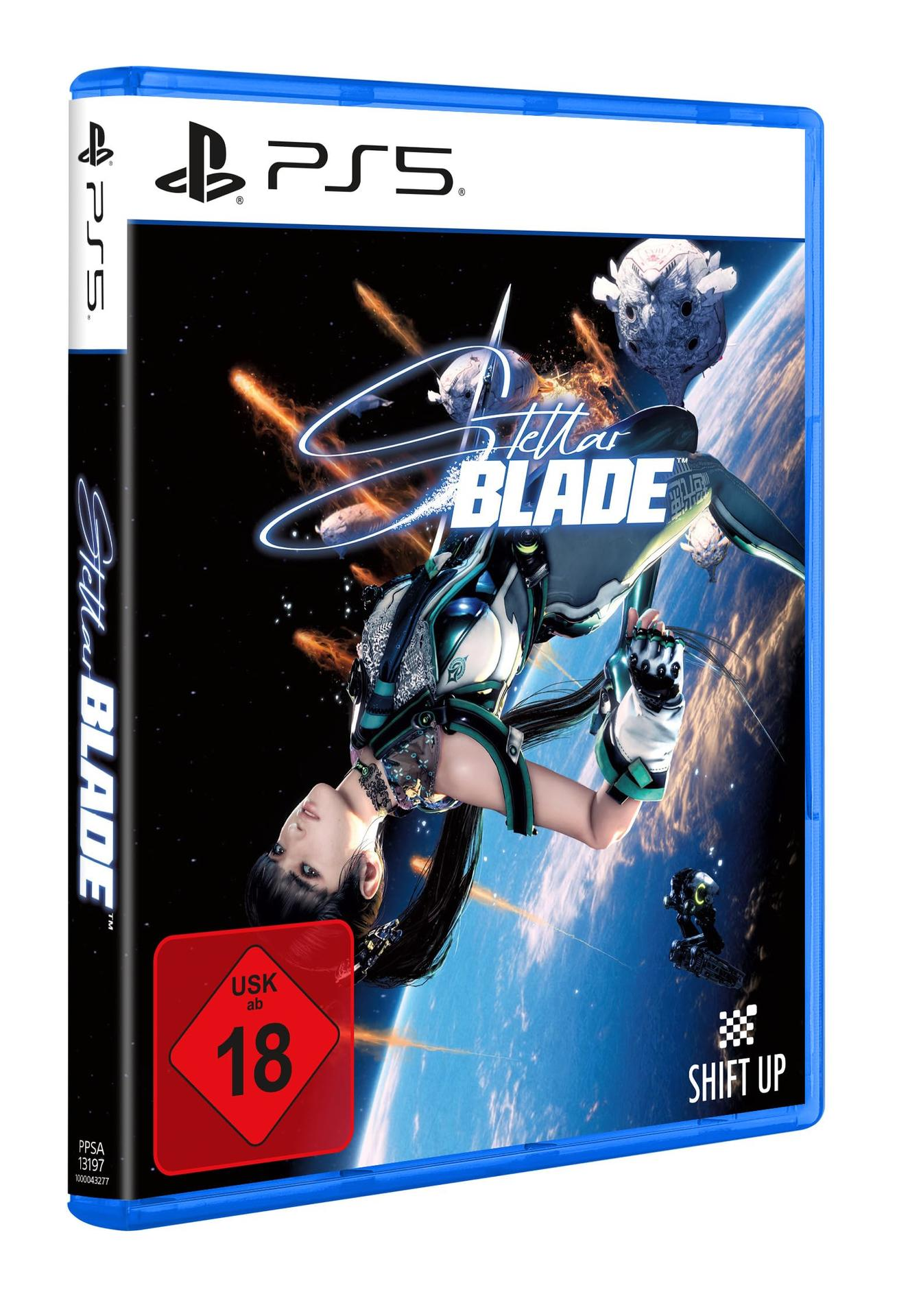 PS5-Spielbox. Frau mit futuristischer Rüstung im Weltraum. Titel: Stellar Blade. Bewertung: USK ab 18.