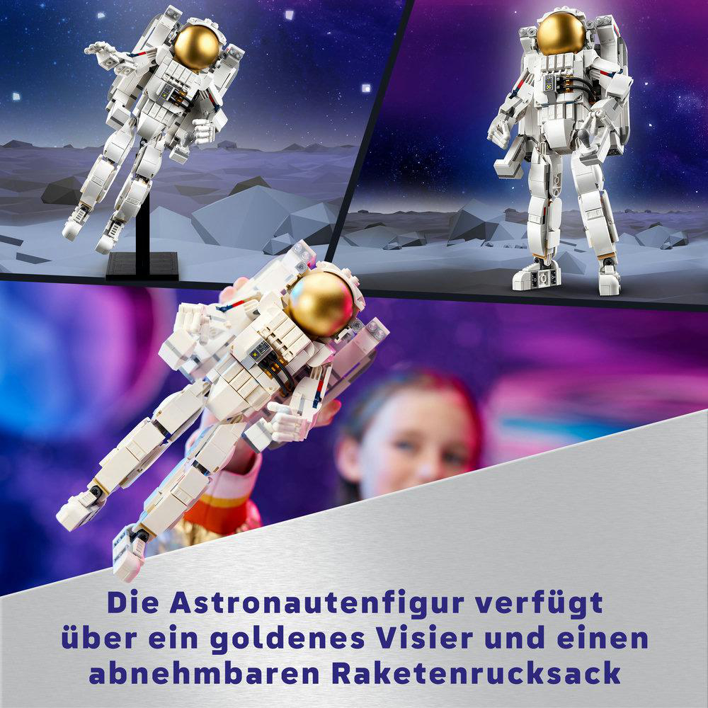 Drei LEGO-Astronautenfiguren in einer Weltraumszene. Weiß mit goldenem Helm. Sterne und Unschärfe.