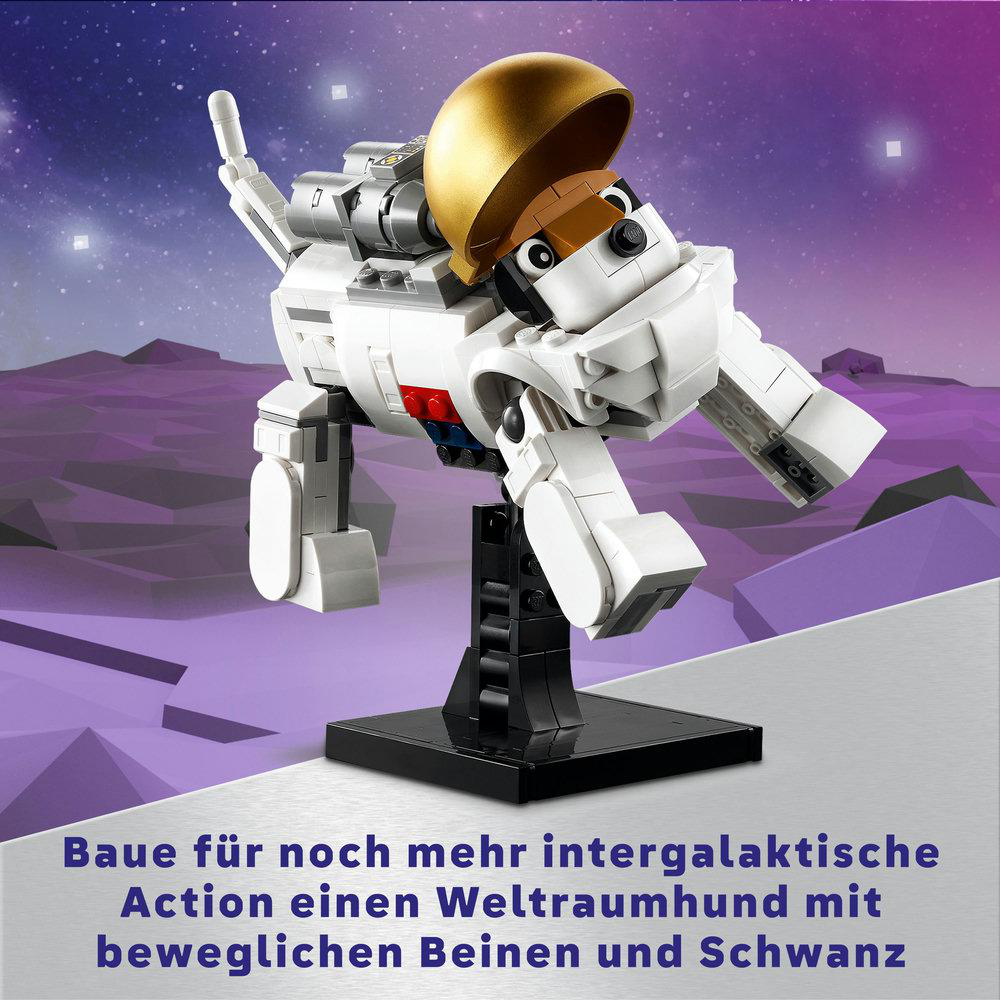Lego Weltraumhund mit goldenem Helm.
