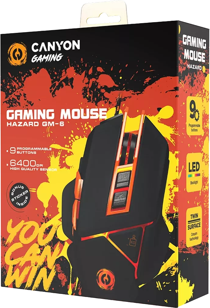 Egy gaming egér doboza fekete-narancssárga egérrel, a szöveg: Gaming Mouse, Hazard GM-6.