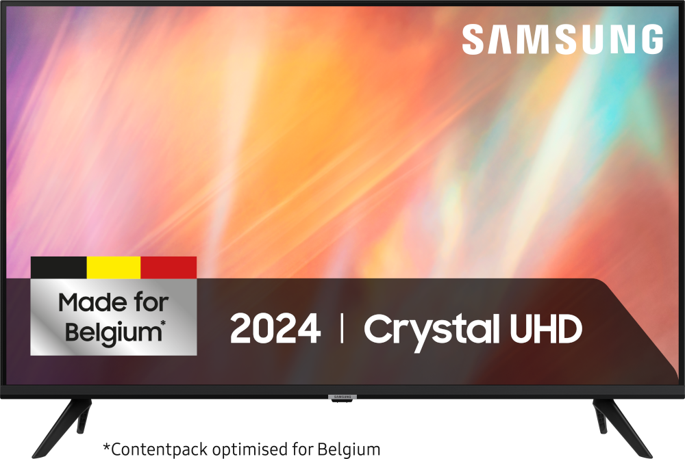 Een Samsung TV met de tekst 'Made for Belgium' en '2024 | Crystal UHD'.