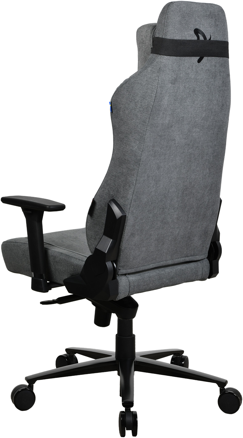 Szürke gamer szék oldalról, fekete kartámasz, fekete talp kerekekkel, fejtámla.