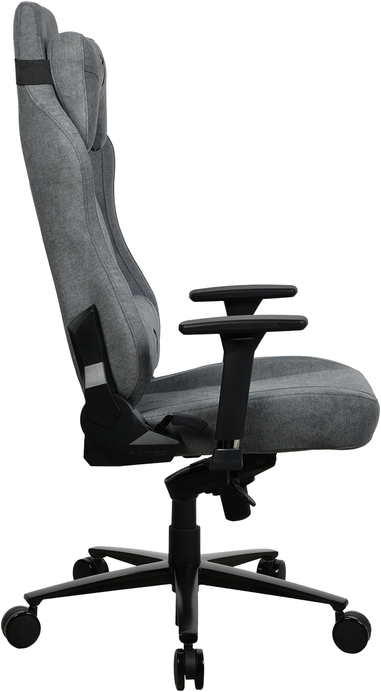 Szürke gamer szék, oldalsó nézet, kartámaszokkal és kerekekkel.