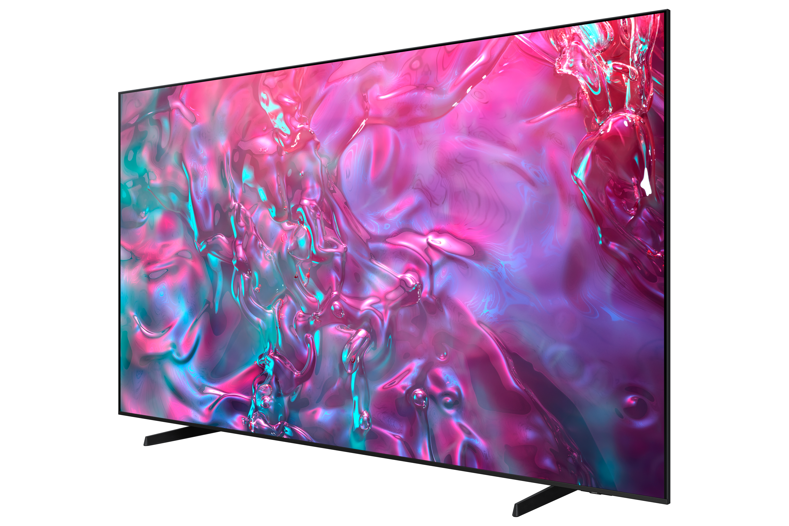 Schräge Ansicht eines Fernsehbildschirms mit wirbelnden Farben in Pink und Lila.