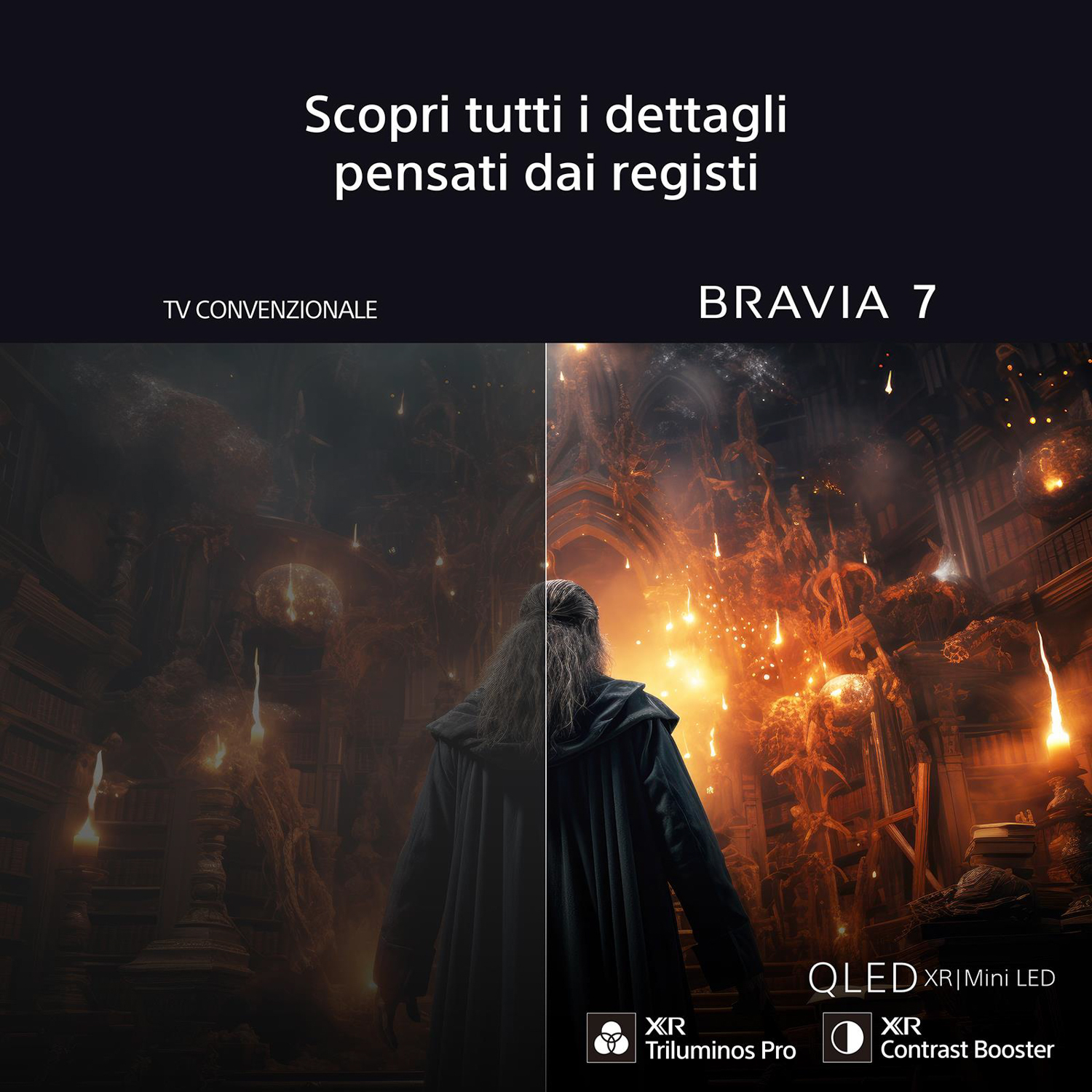Confronto schermo TV che mostra due scene con qualità diversa.