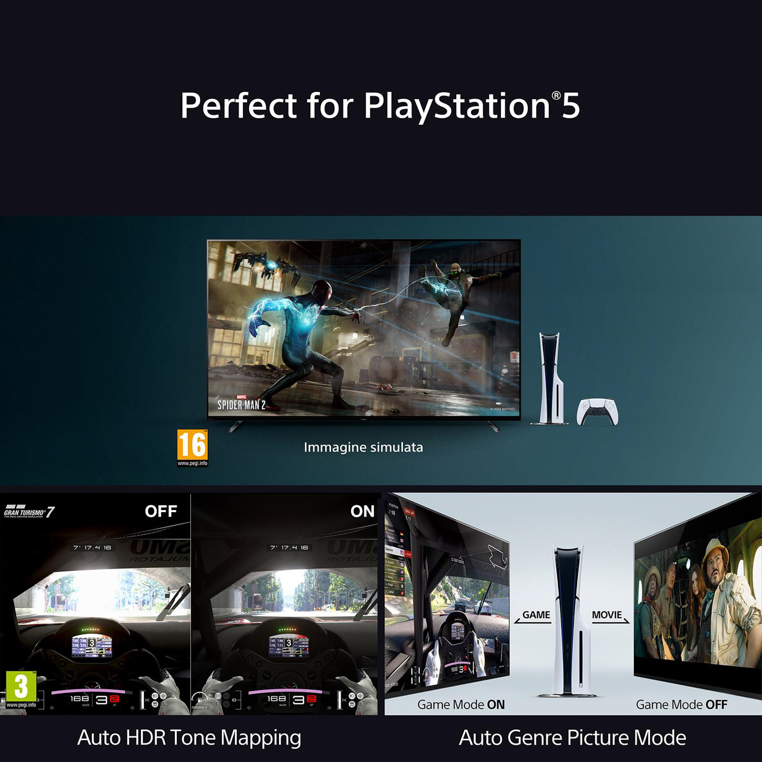 Uno schermo TV che mostra videogiochi, con una console e un controller, testo sullo schermo.