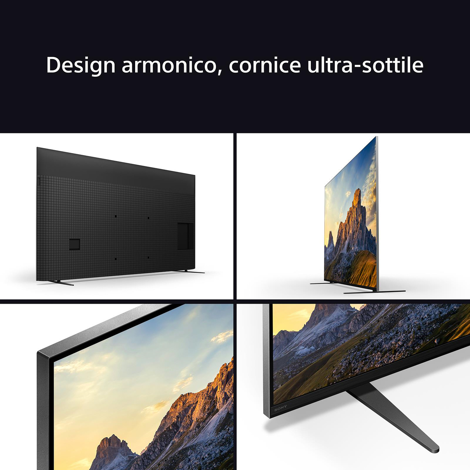 Diverse viste di un televisore. Sono presentati retro, lato e primo piano della cornice.