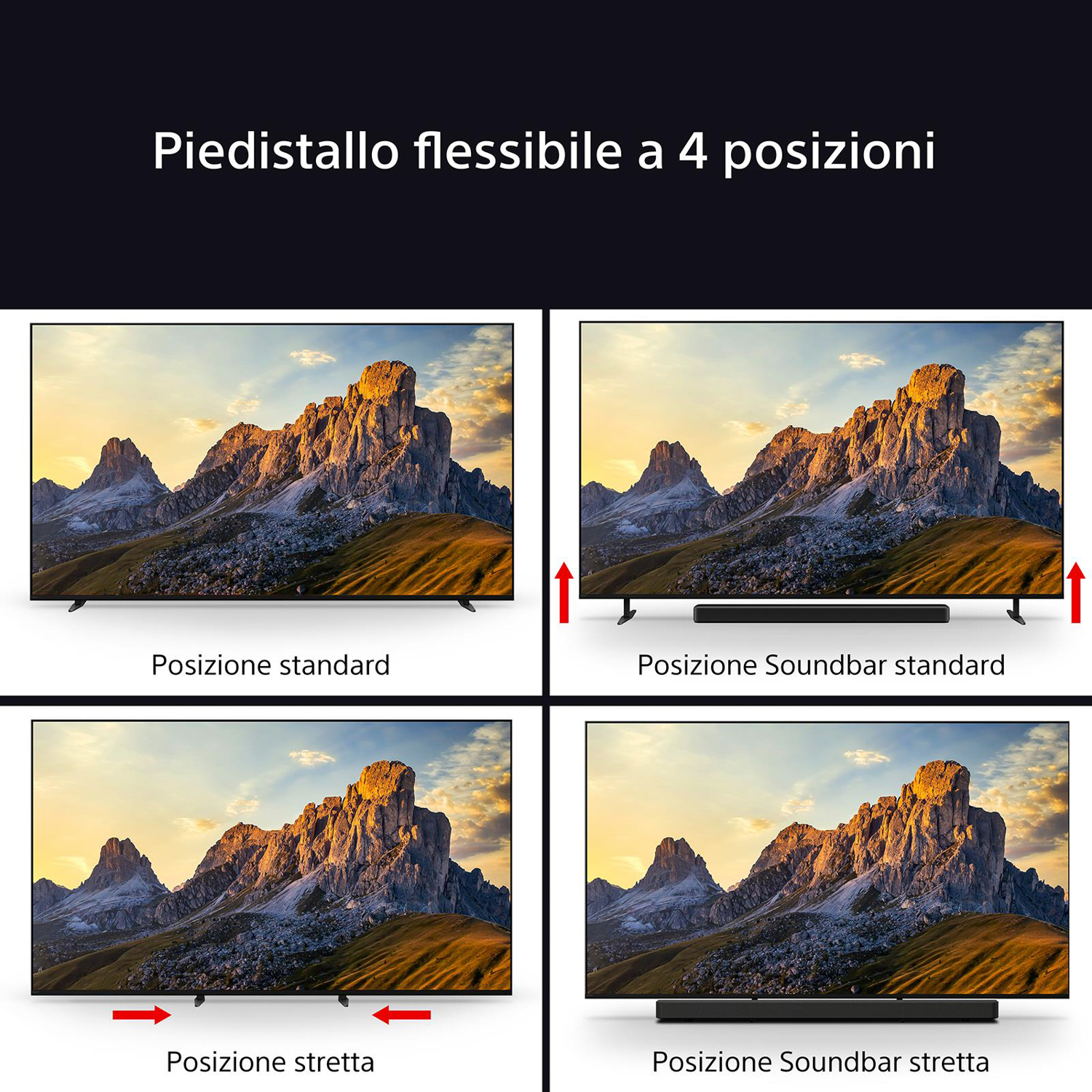 Quattro immagini che mostrano una TV con diverse posizioni del supporto e testo.