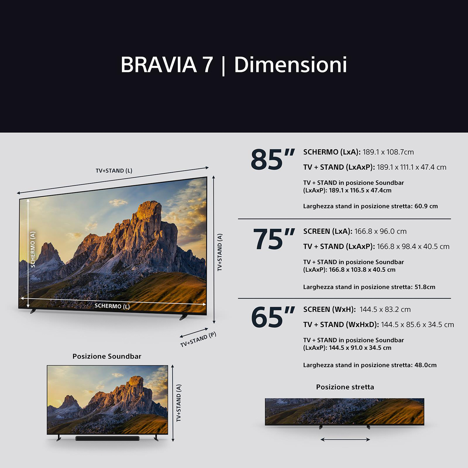 Schermo TV con immagine di montagna, dimensioni, con soundbar e supporto.