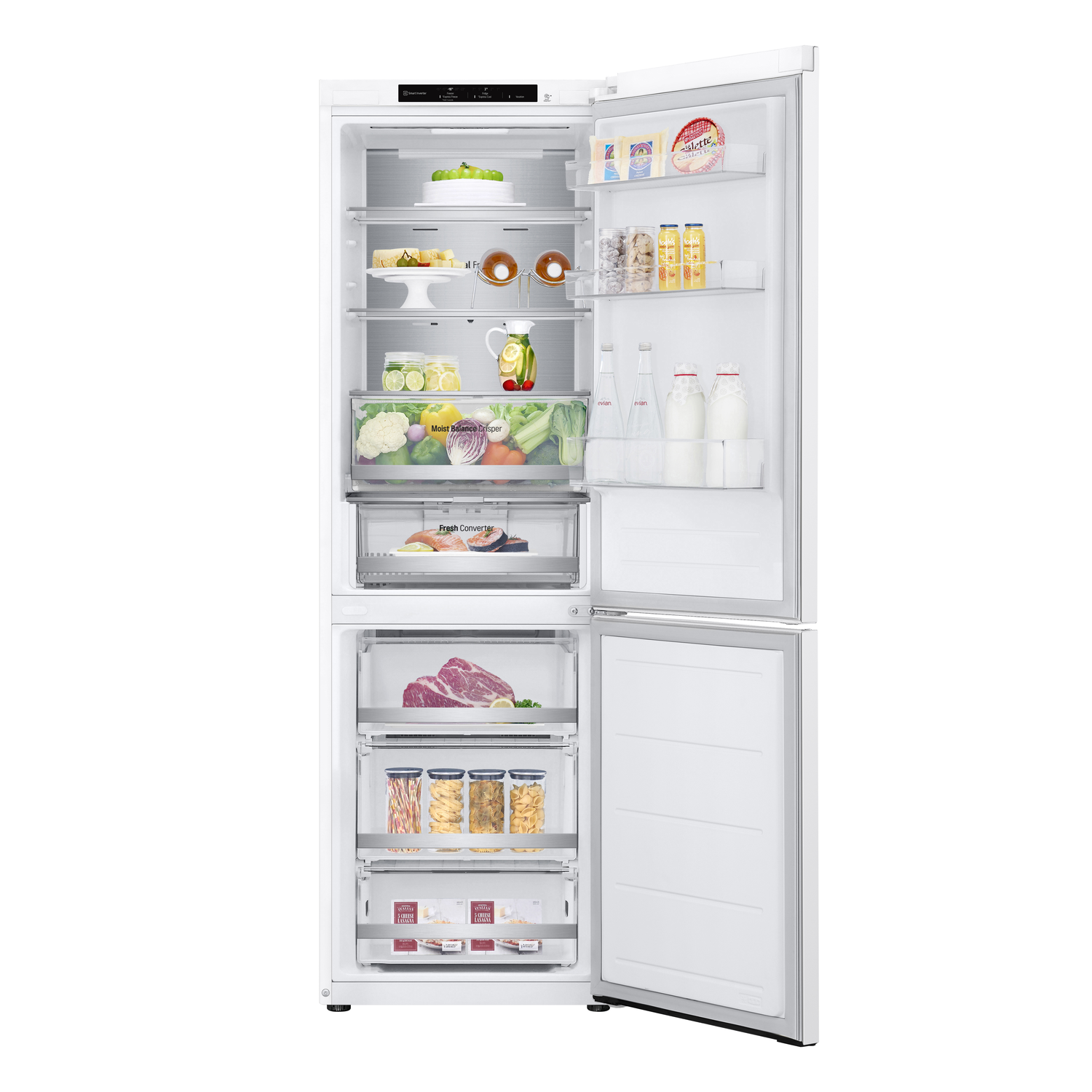 Een witte LG koelkast met de deur open, met planken met voedsel.