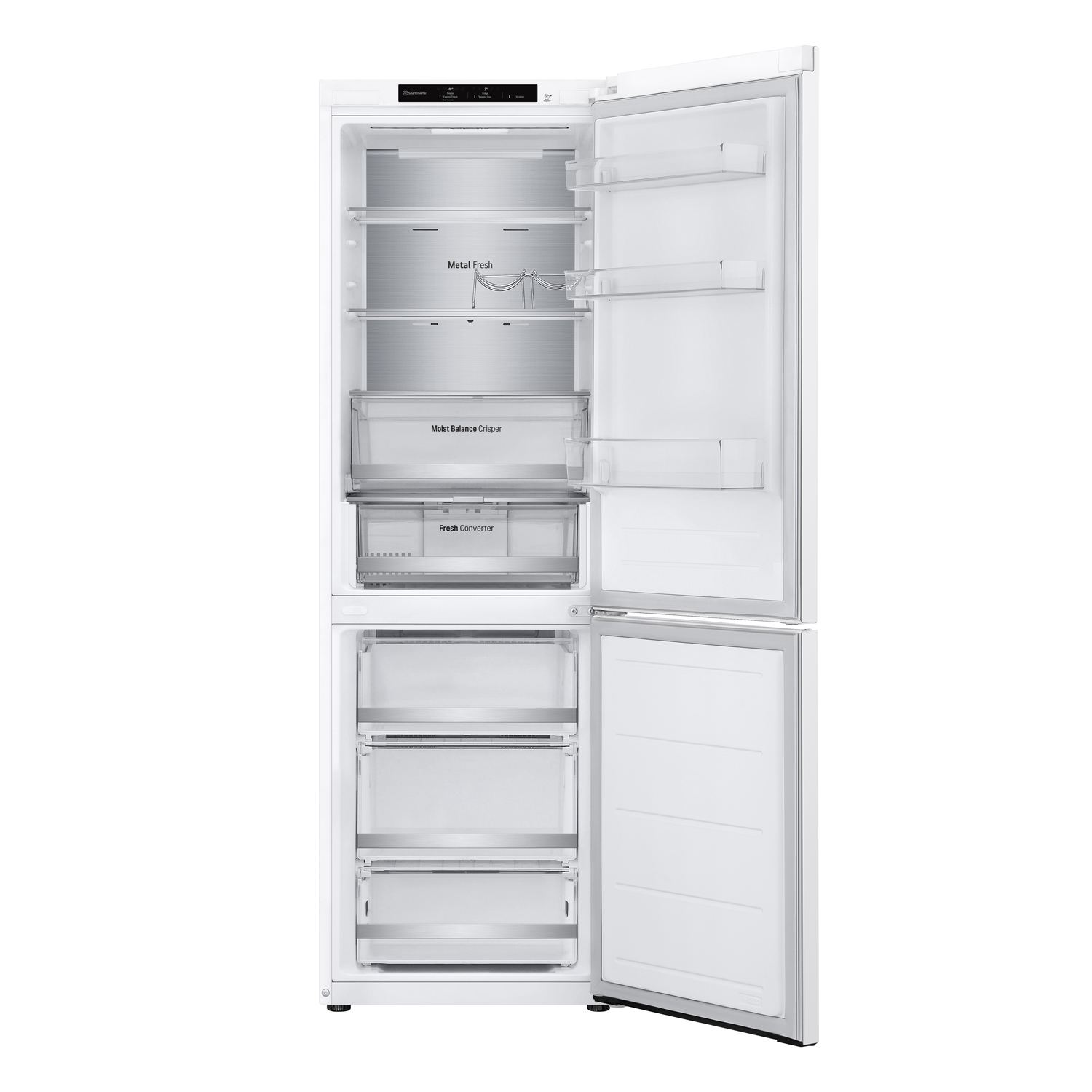 Een open witte koelkast met planken, lades en voedingsmiddelen.