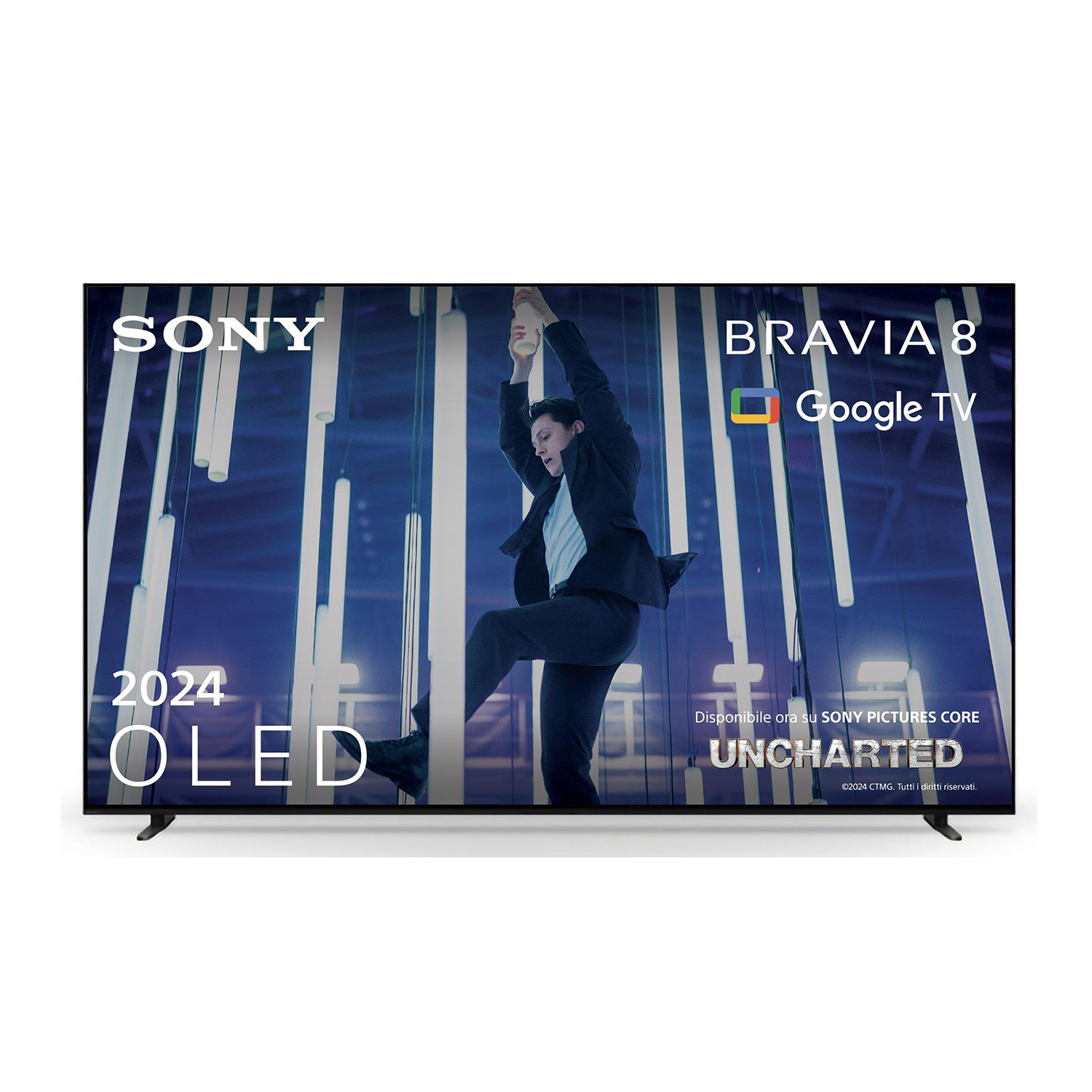 Un televisore Sony Bravia 8 OLED, con una persona che salta sullo sfondo davanti a luci bianche.