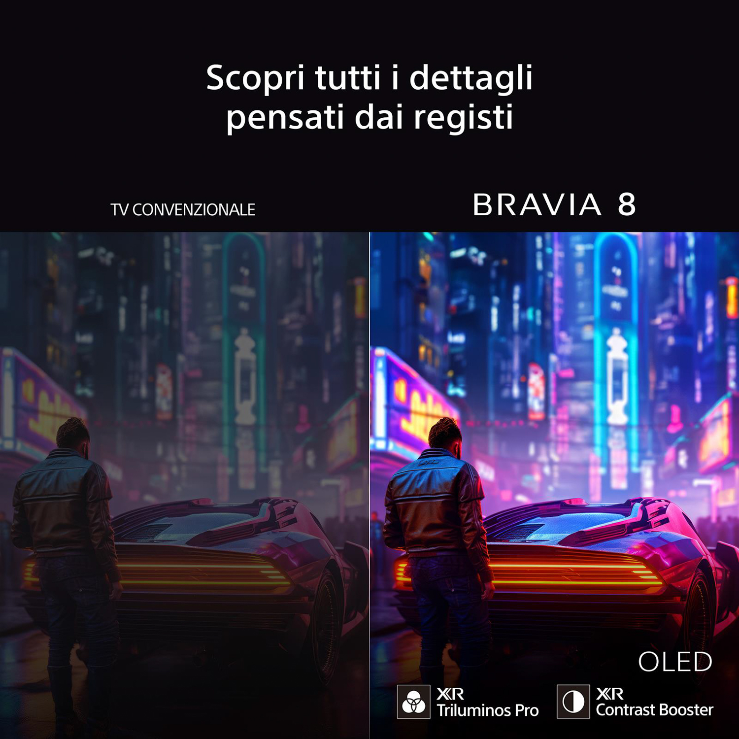 Confronto schermi TV: Sinistra, convenzionale. Destra, BRAVIA 8 OLED. Sovrapposizione di testo. Città.
