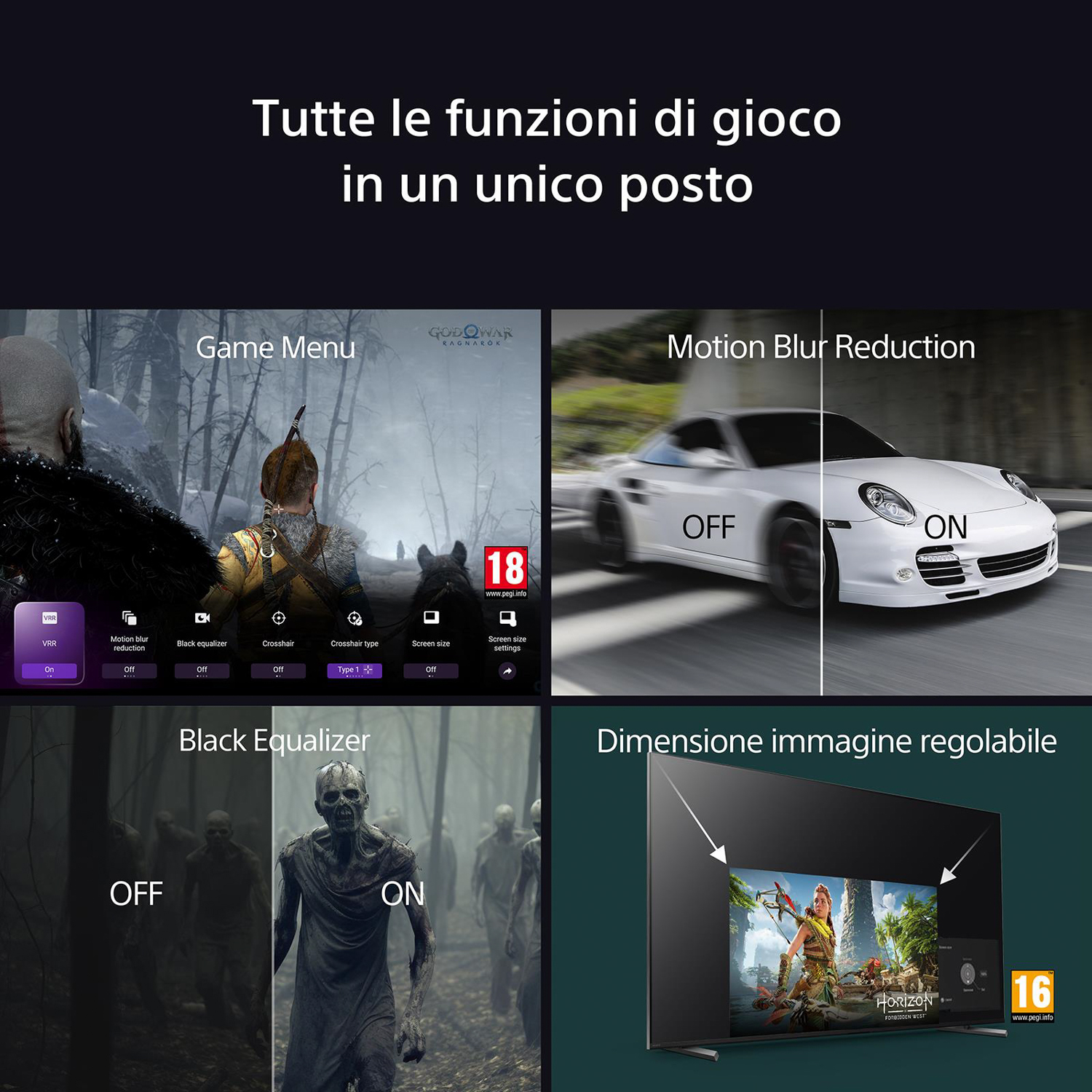 Schermo TV con menu di gioco, riduzione sfocatura movimento, equalizzatore nero e dimensione immagine regolabile.