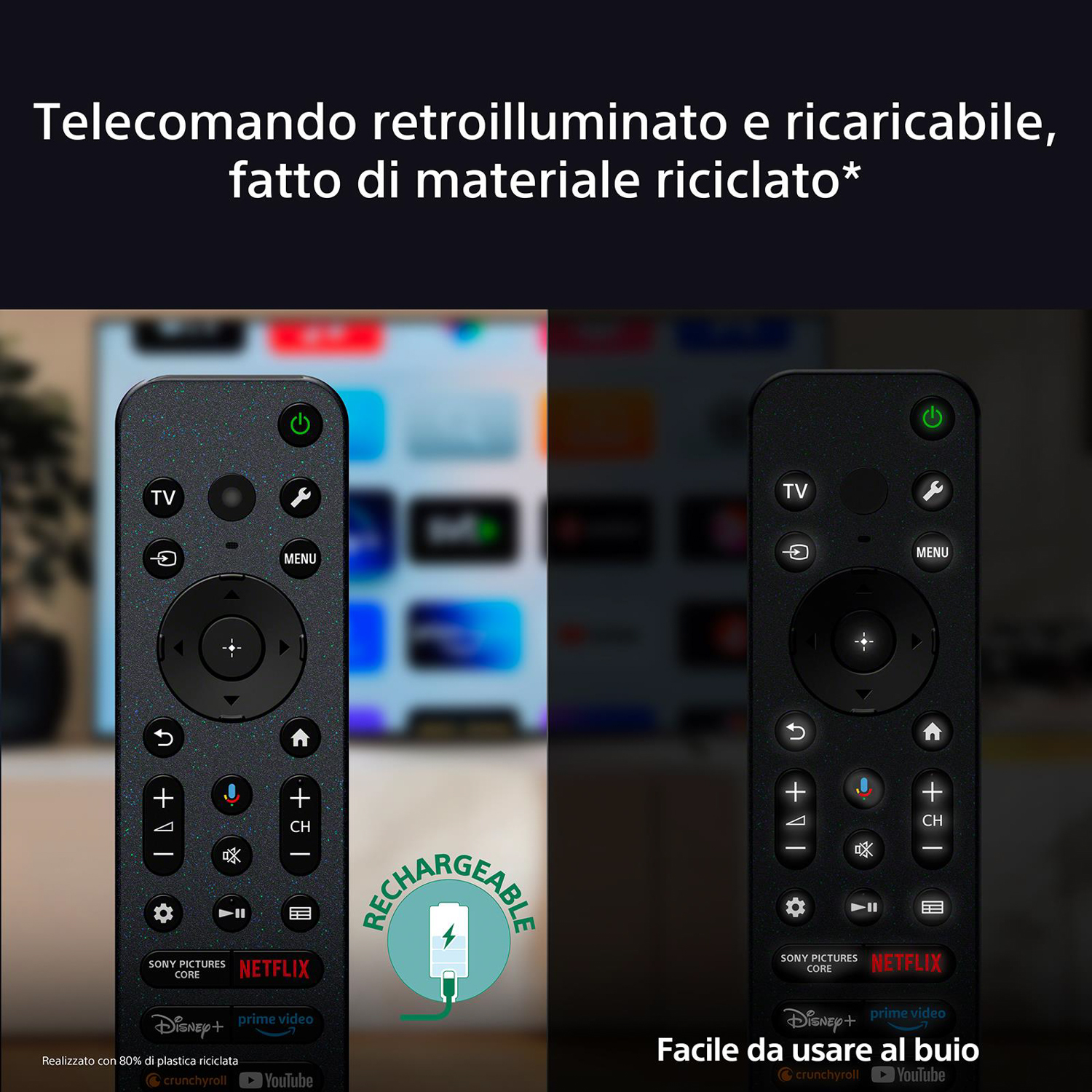 Due telecomandi TV, uno in carica, con tasti Netflix, Disney+.