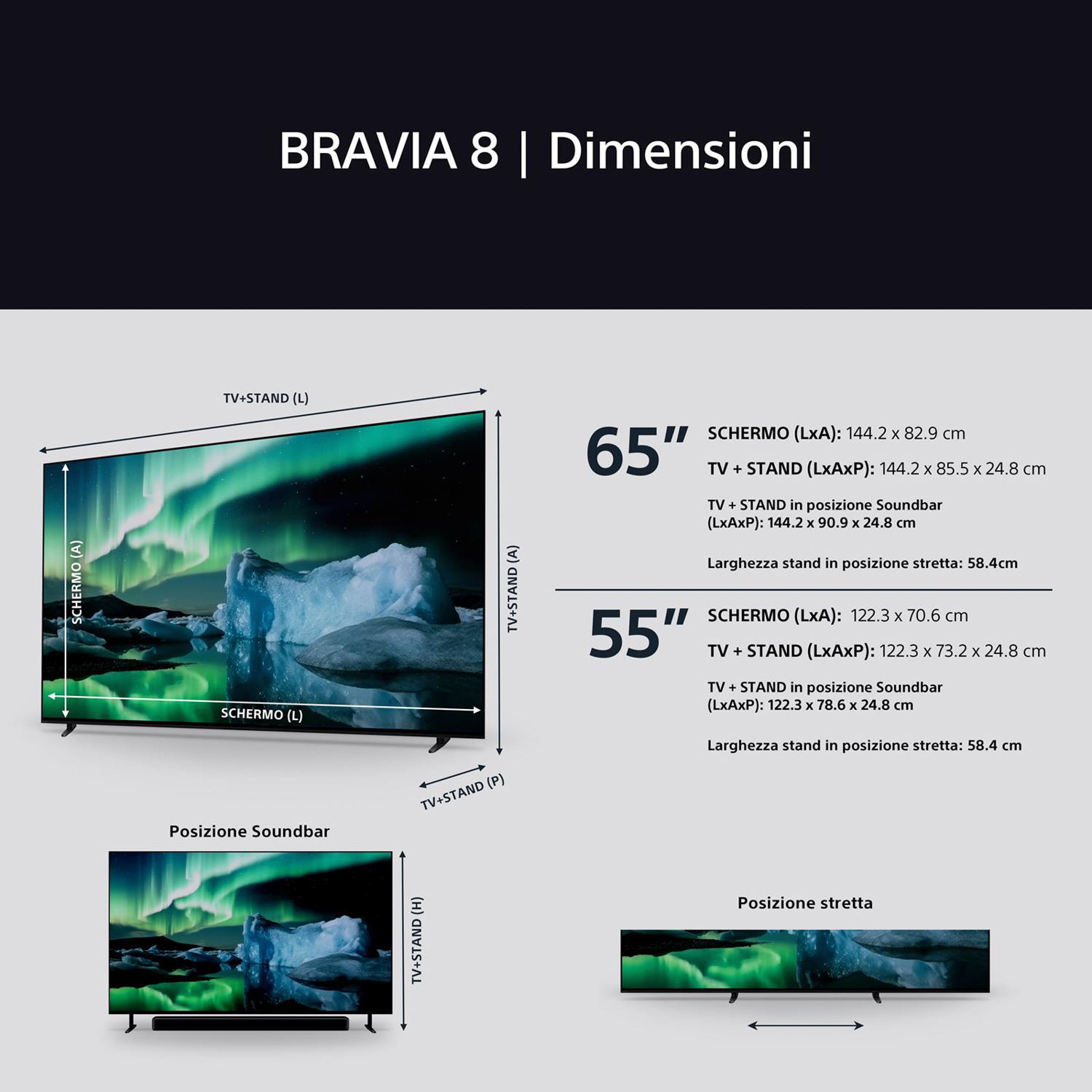 Diagramma di un televisore con dimensioni e opzioni di supporto.
