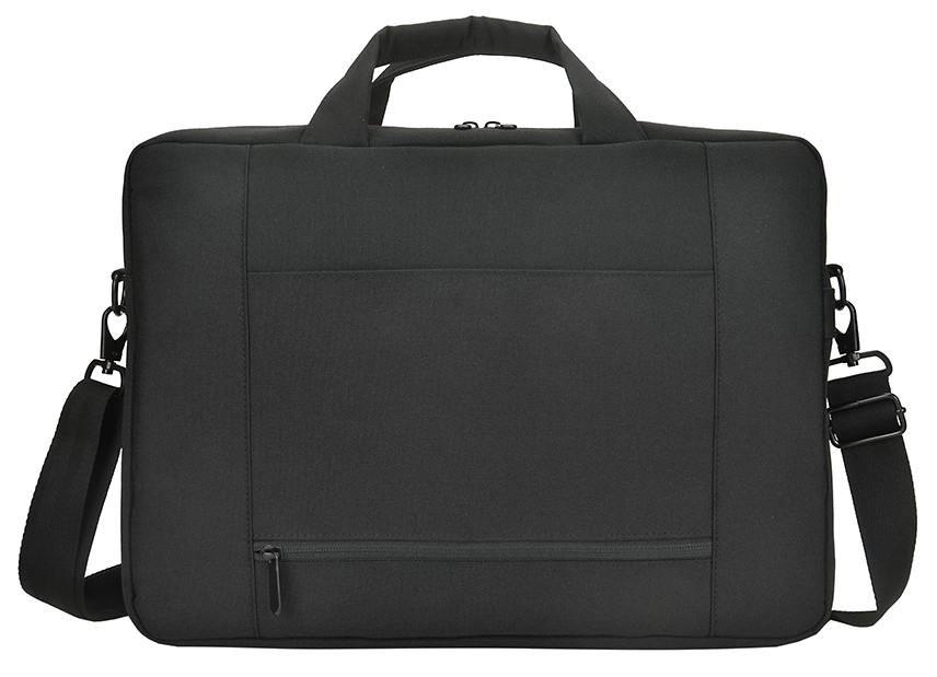 Fekete laptop táska fogantyúval, vállpánttal és cipzáras zsebbel.