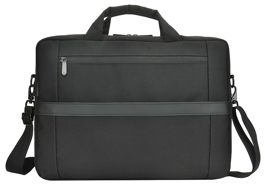 Fekete laptop táska fogantyúval és vállpánttal. Cipzáras zseb elöl.