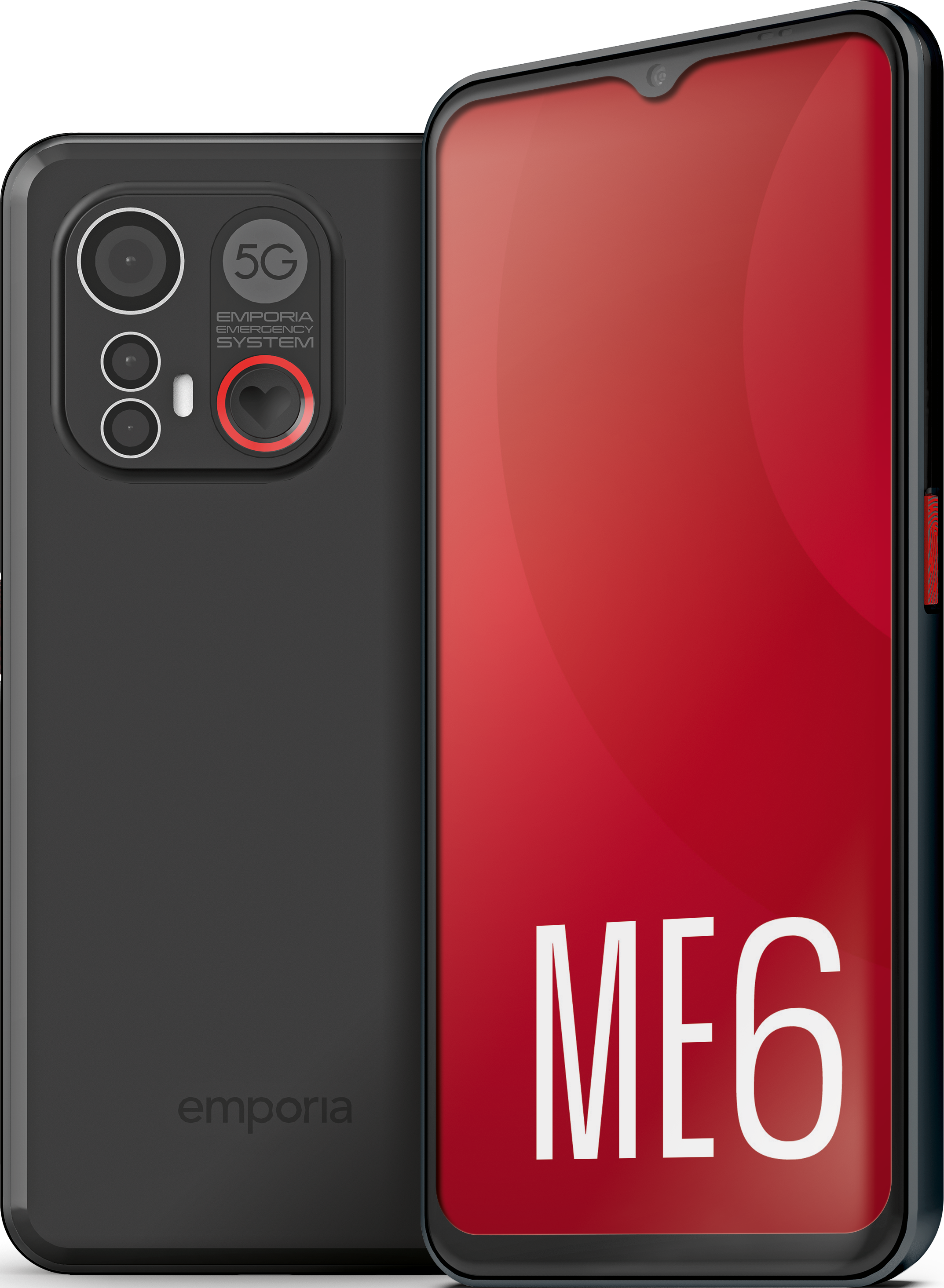 Ein schwarzes Smartphone mit rotem Knopf an der Seite und rotem Bildschirm.