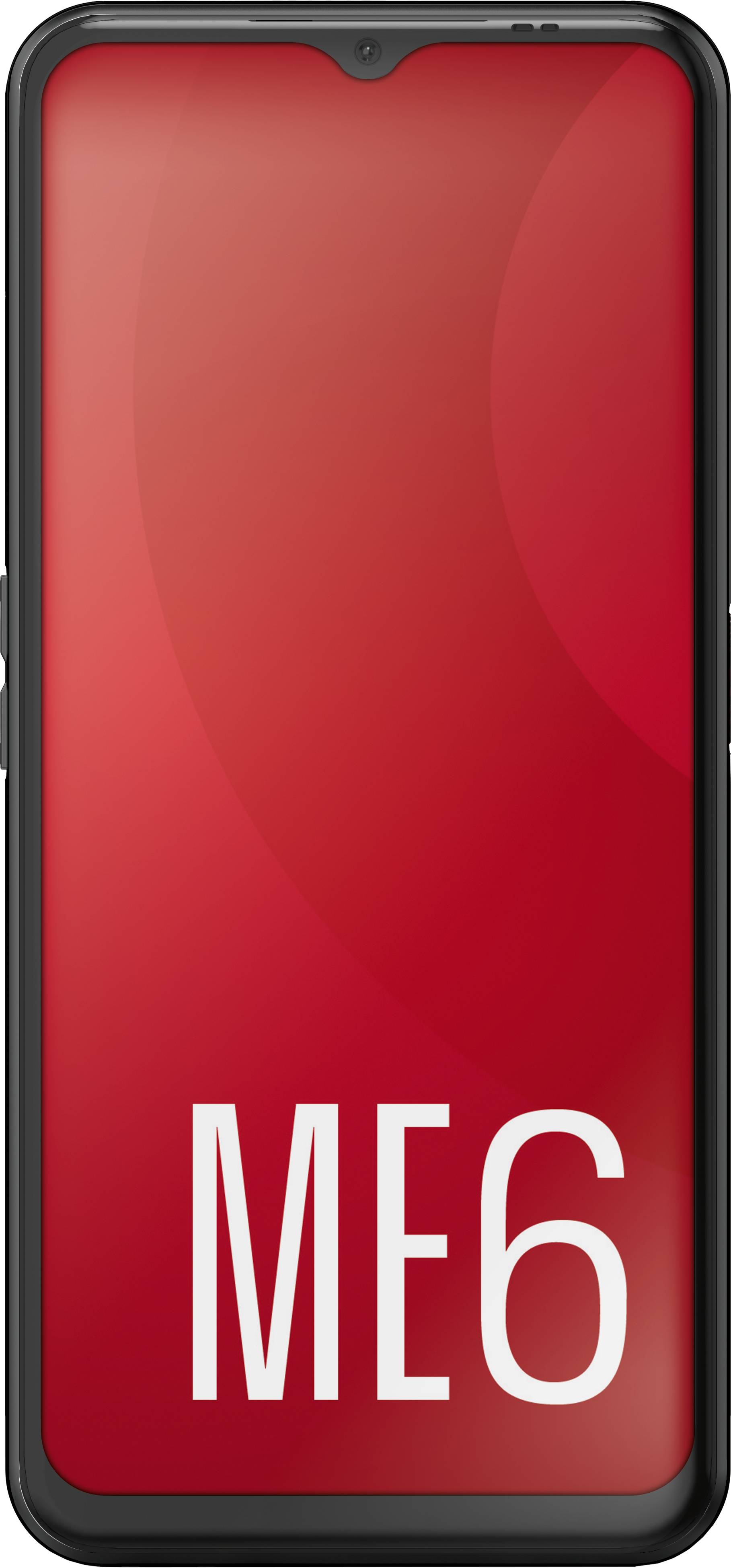 Ein rotes Telefon mit dem Text ME6 auf dem Bildschirm in einem schwarzen Rahmen.