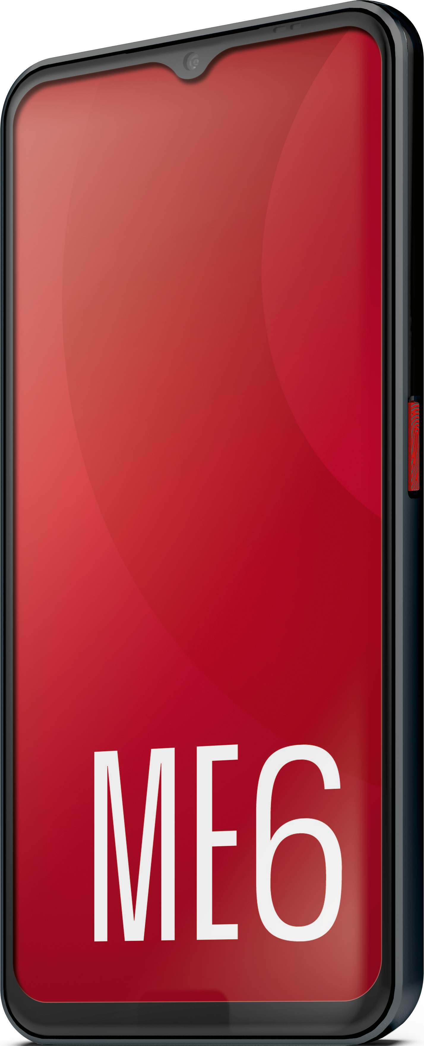 Rotes Telefon mit weißem Text ME6. Schwarzer Rahmen, rote Taste. Abgewinkelte Perspektive.