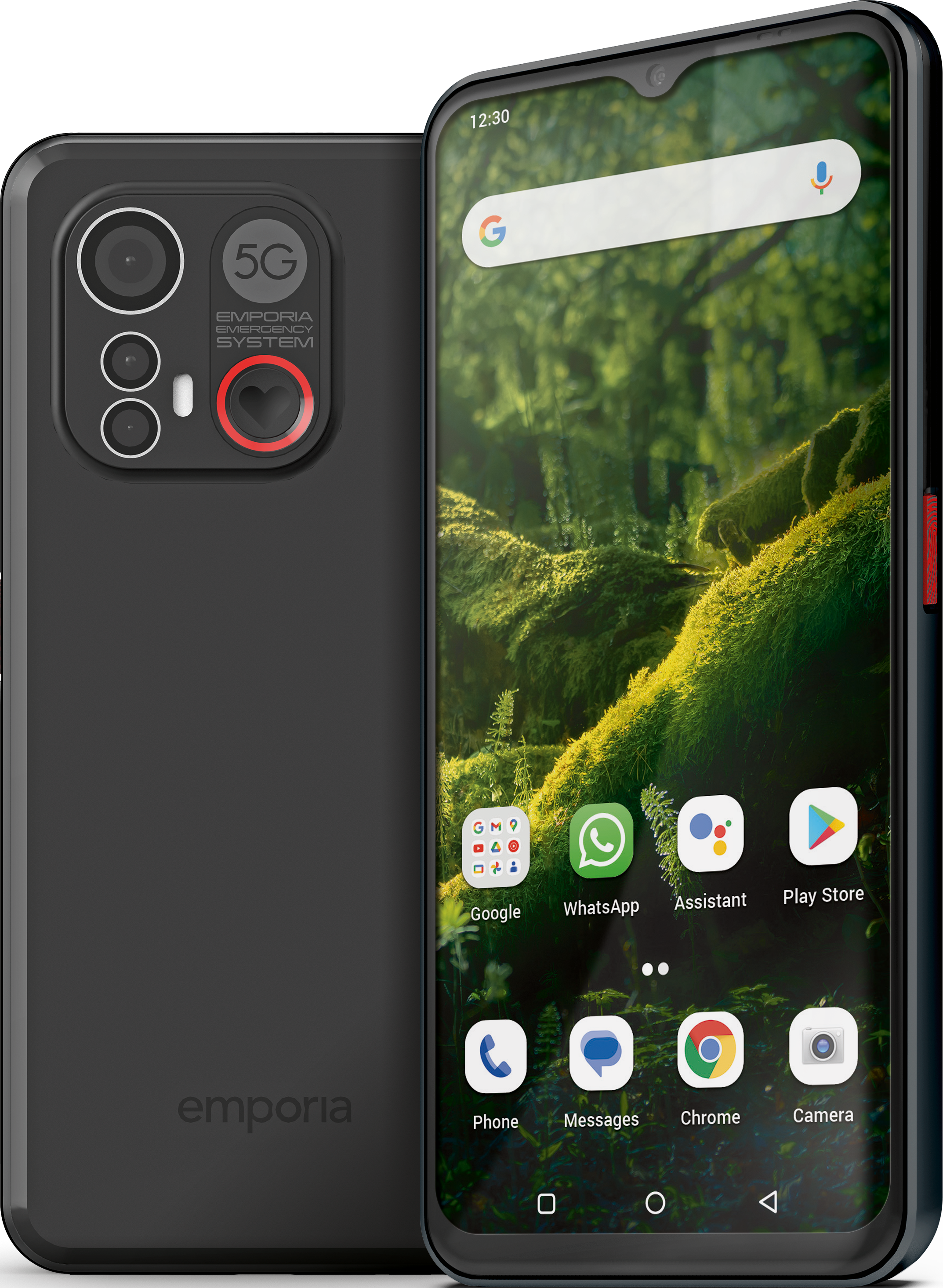 Schwarzes Smartphone mit zwei Kameras auf der Rückseite. Symbole und Text auf dem Bildschirm. Grüner Waldhintergrund.