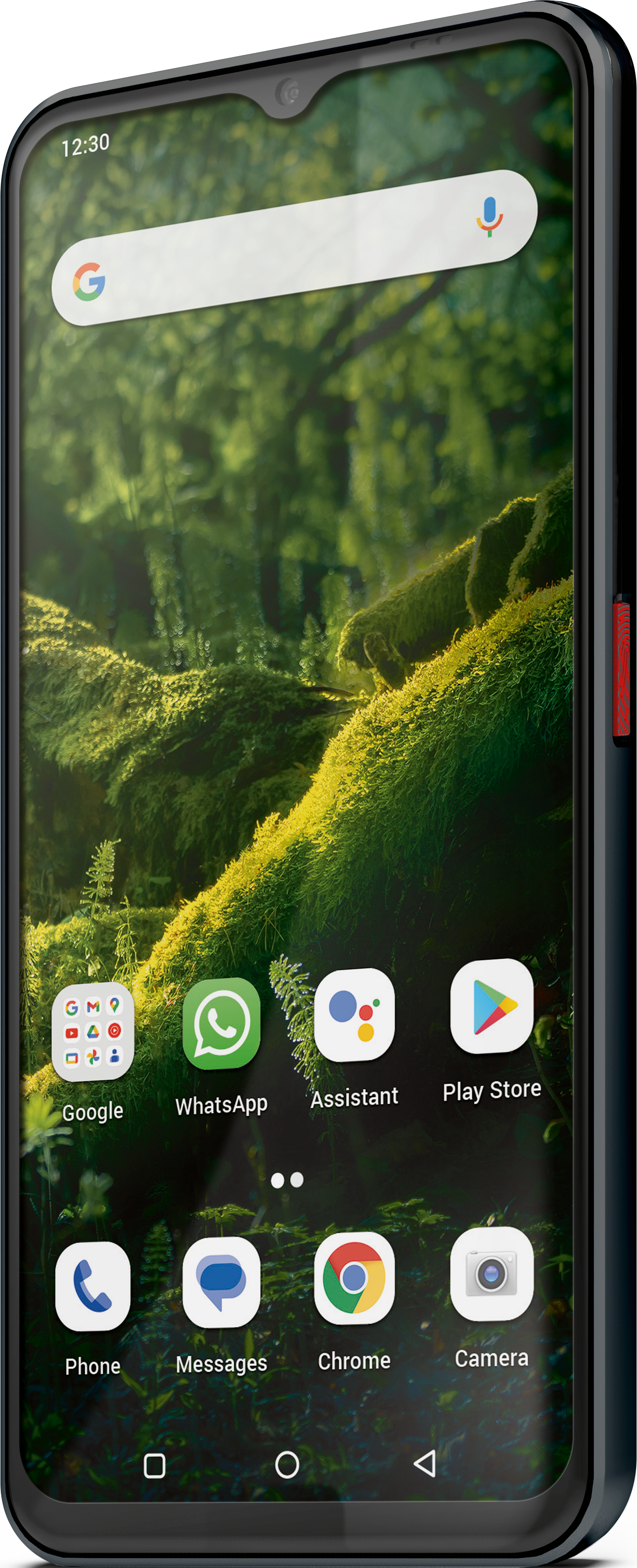 Ein Smartphone zeigt App-Symbole: Google, WhatsApp, Assistant, Play Store, Telefon, Nachrichten, Chrome, Kamera.