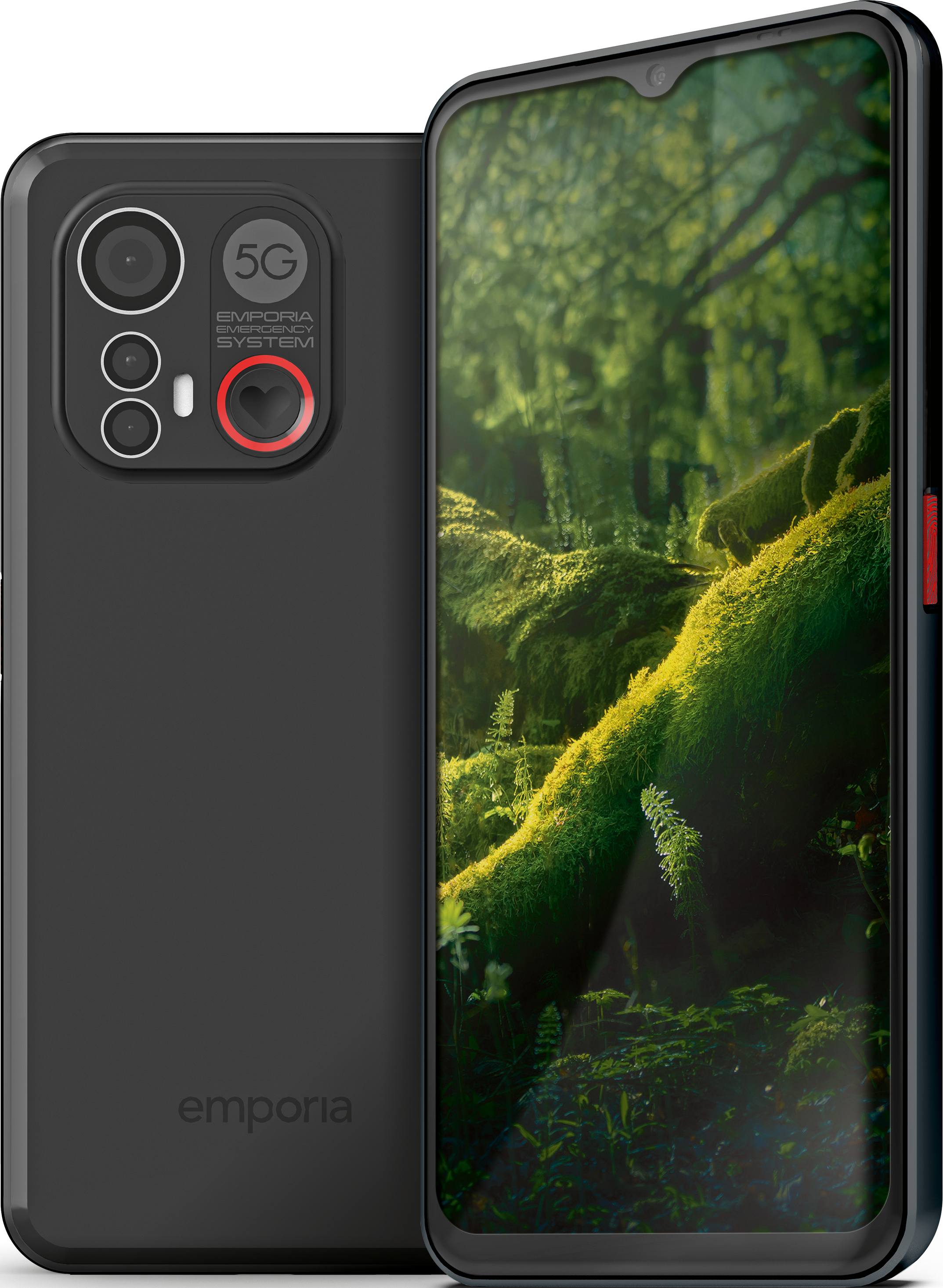 Schwarzes Smartphone mit großer Kamera und Waldansicht.