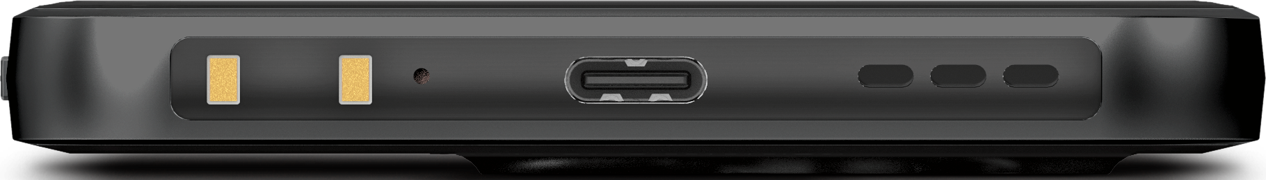 Nahaufnahme eines schwarzen Geräts mit USB-Anschluss und anderen Anschlüssen. Rechteckige Form.