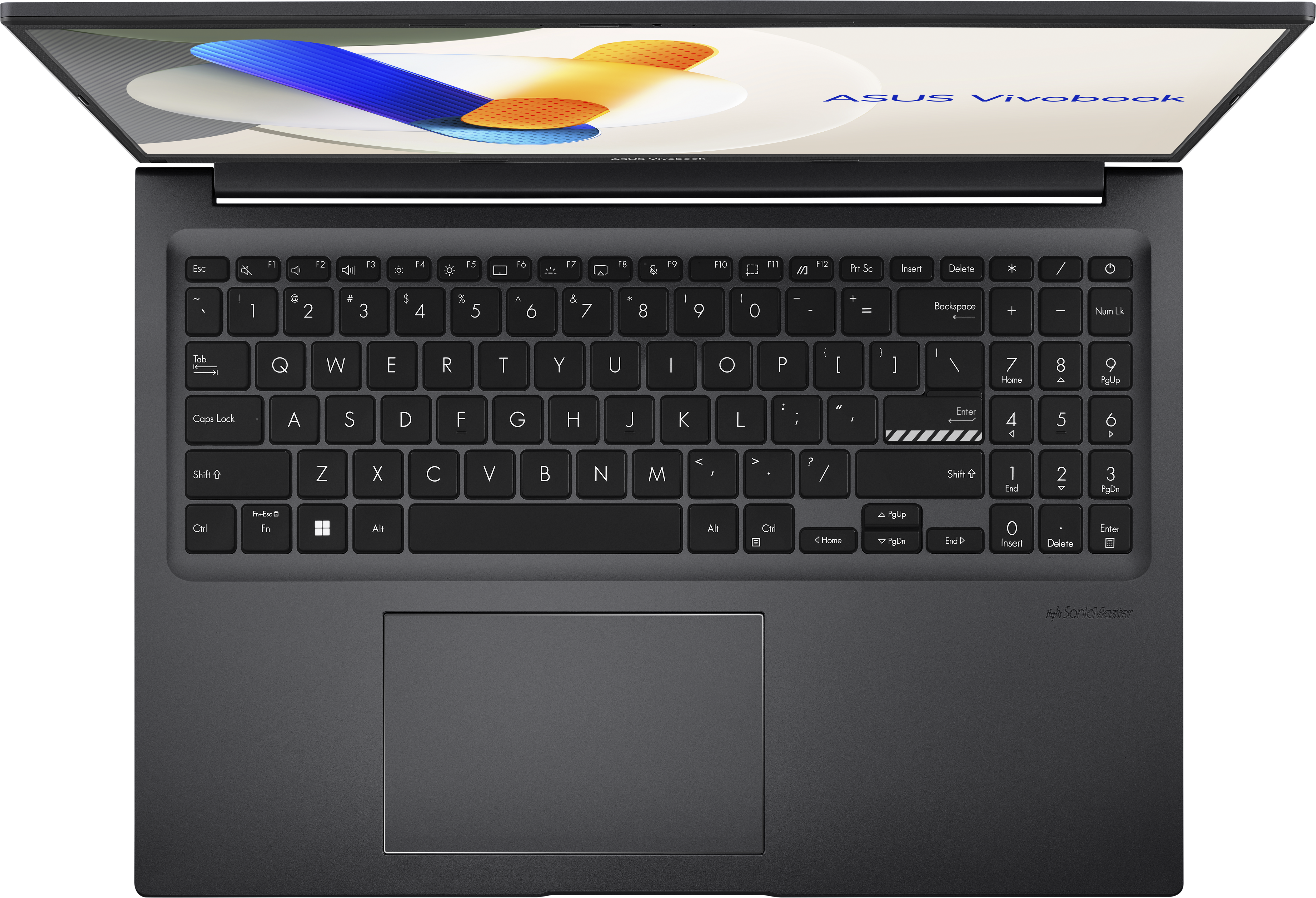 Laptop-Tastatur, Draufsicht. Schwarze Tastatur mit Trackpad. ASUS Vivobook ist auf dem Bildschirm.