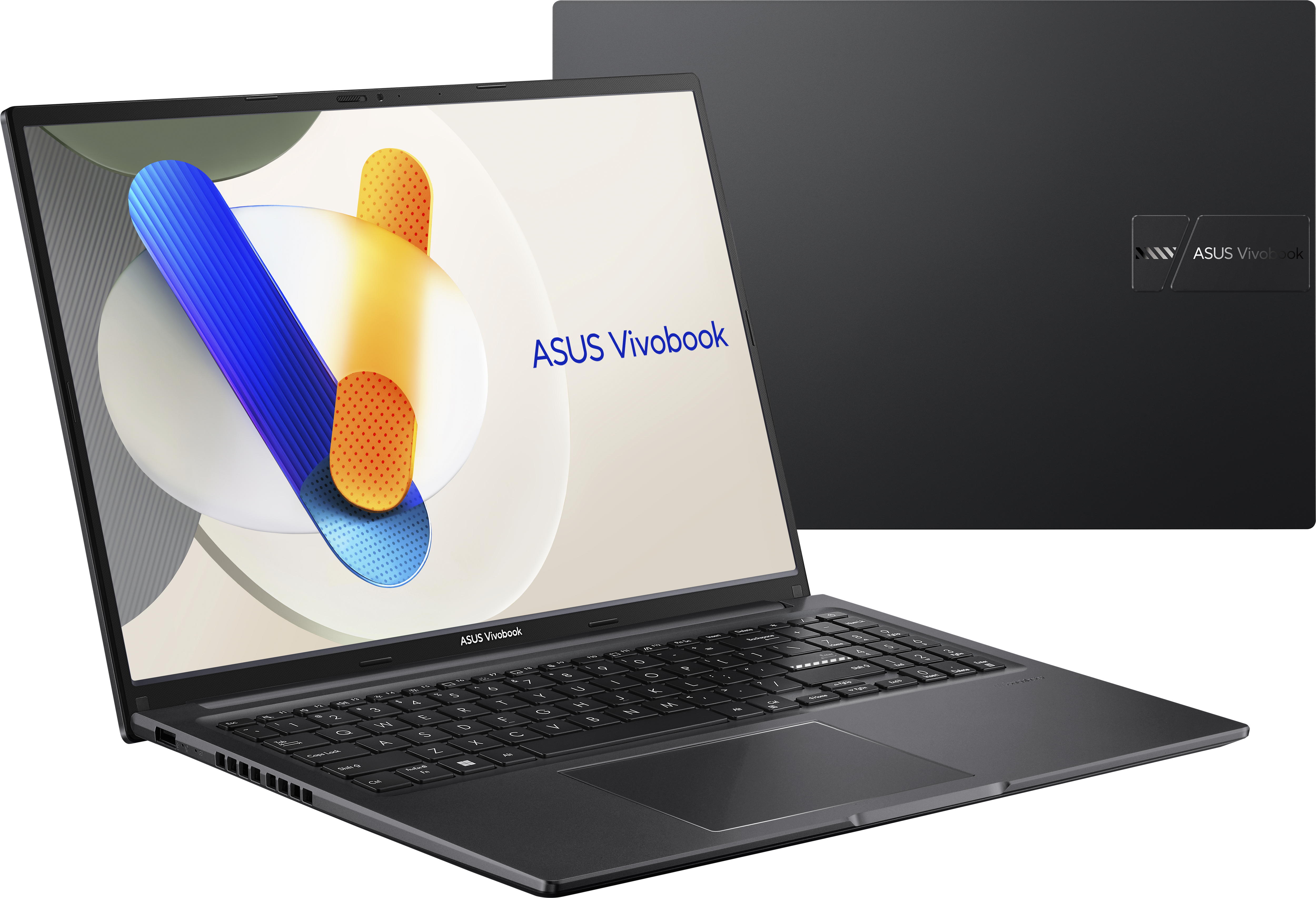 Asus Vivobook Laptop, offen, mit Tastatur und Bildschirm mit Text.