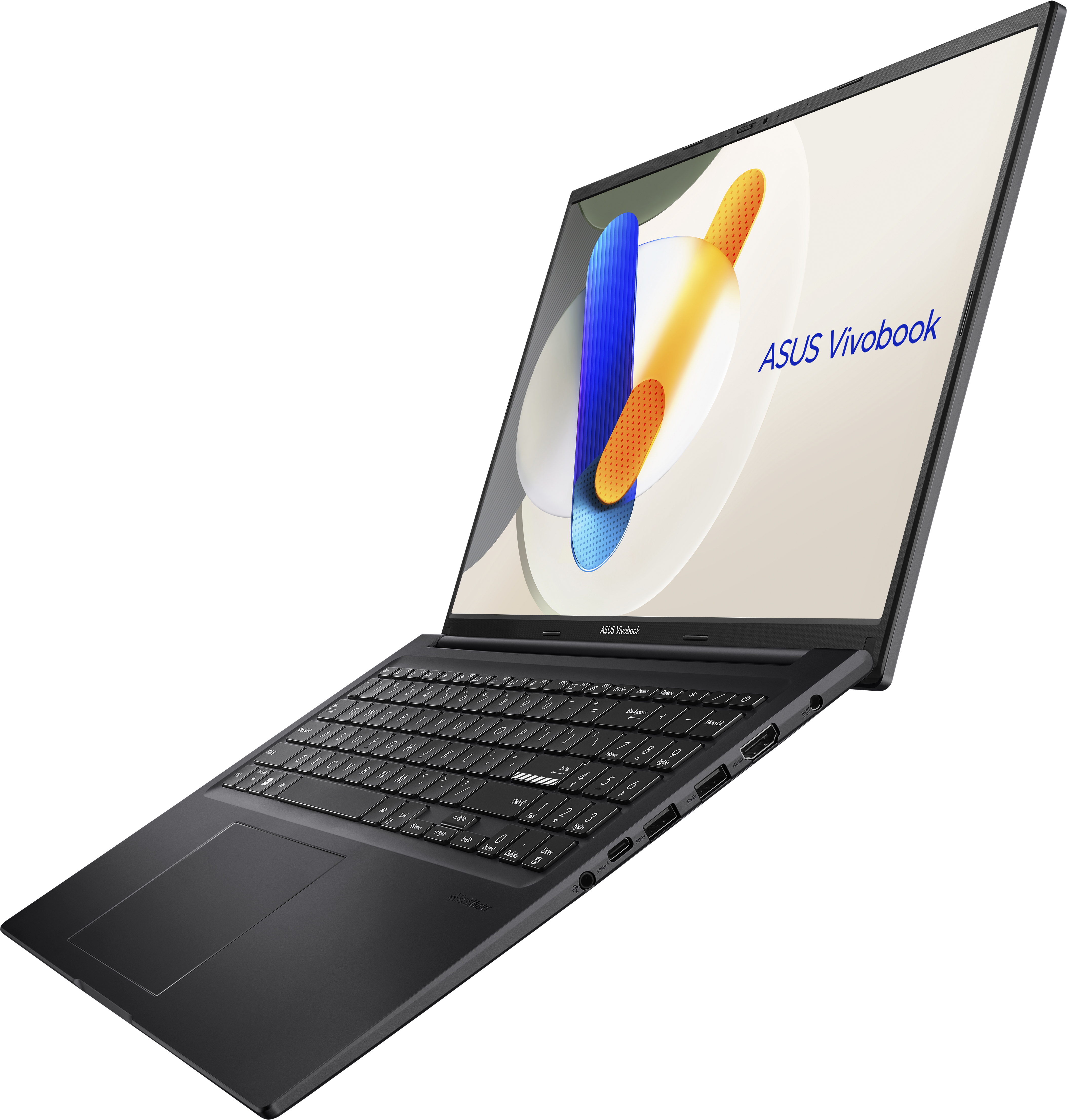 Ein schwarzer Laptop ist geöffnet und zeigt eine farbenfrohe Grafik. Der Hintergrund ist schwarz.