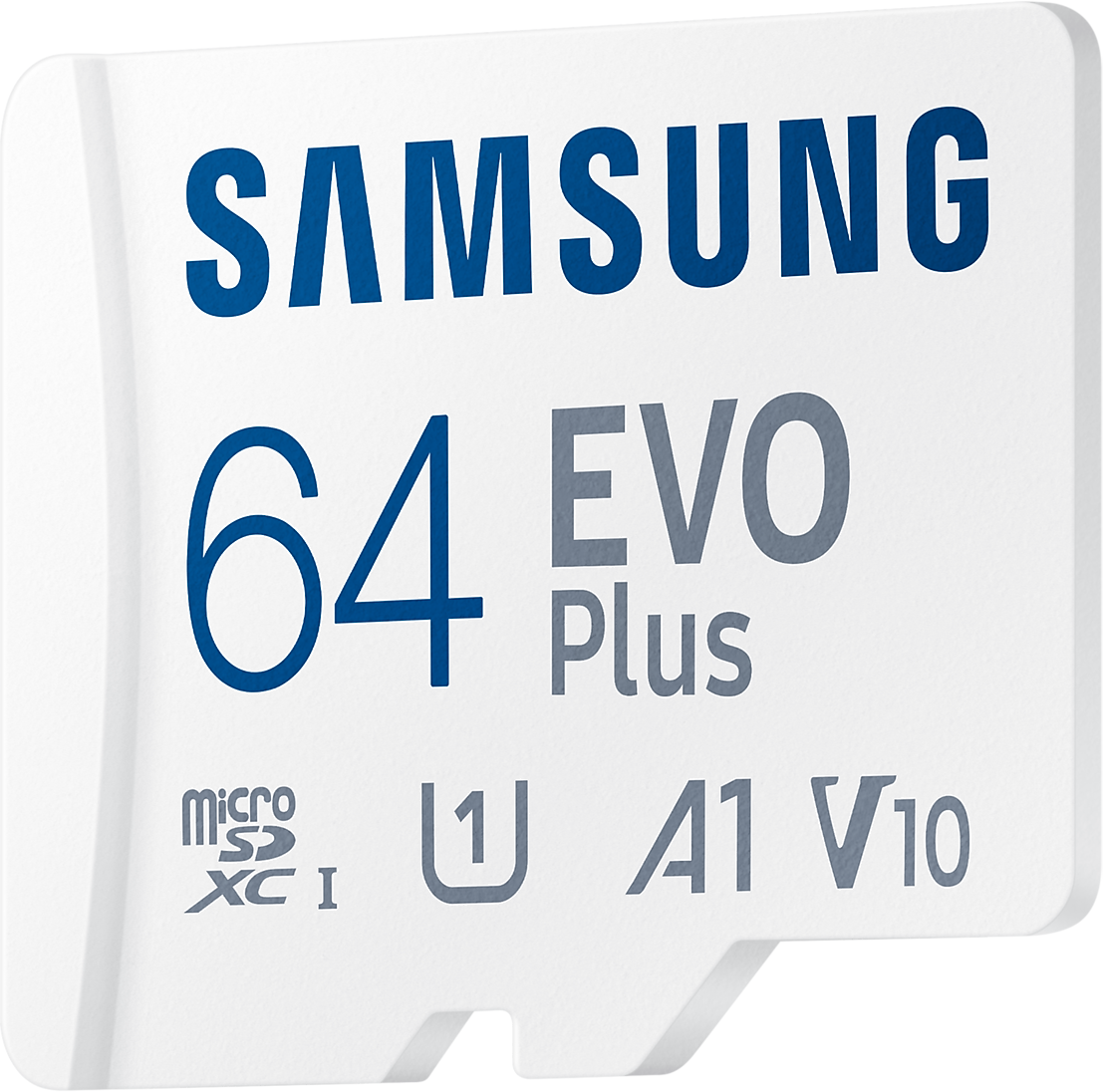 Fehér és kék Samsung 64 EVO Plus MicroSD kártya logóval.