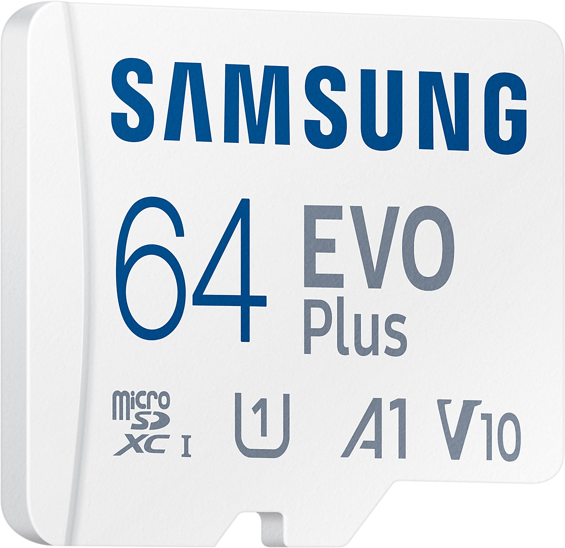Egy fehér SD kártya, SAMSUNG 64 EVO Plus felirattal.