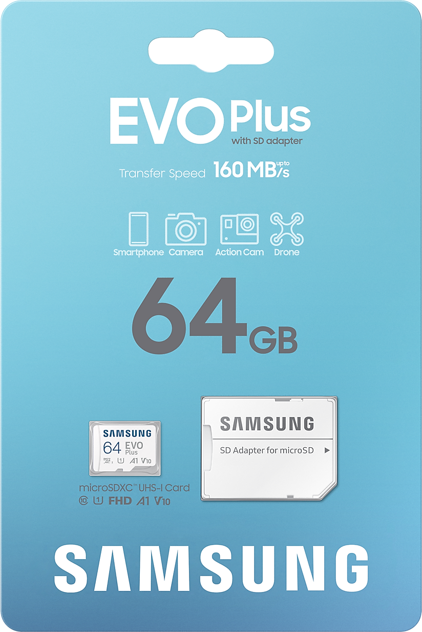 Egy Samsung EVO Plus SD kártya adapterrel.