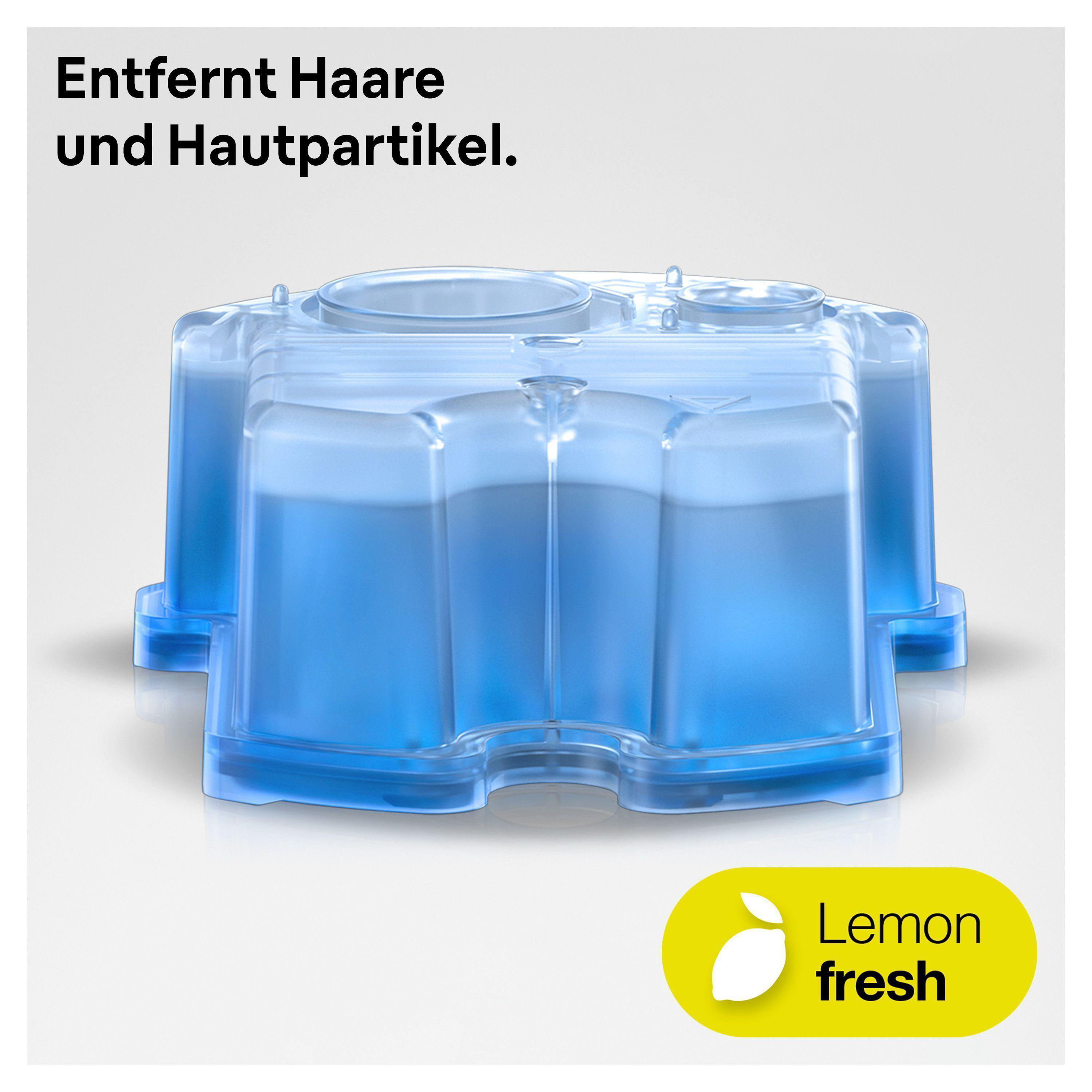 Blauer Kunststoff-Staubsaugerfilter. Text sagt: 'Entfernt Haare und Hautpartikel'. Lemon Fresh Logo.