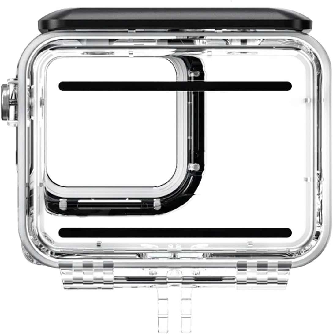 Una funda rectangular transparente para una cámara, con tapa negra y paneles laterales transparentes.