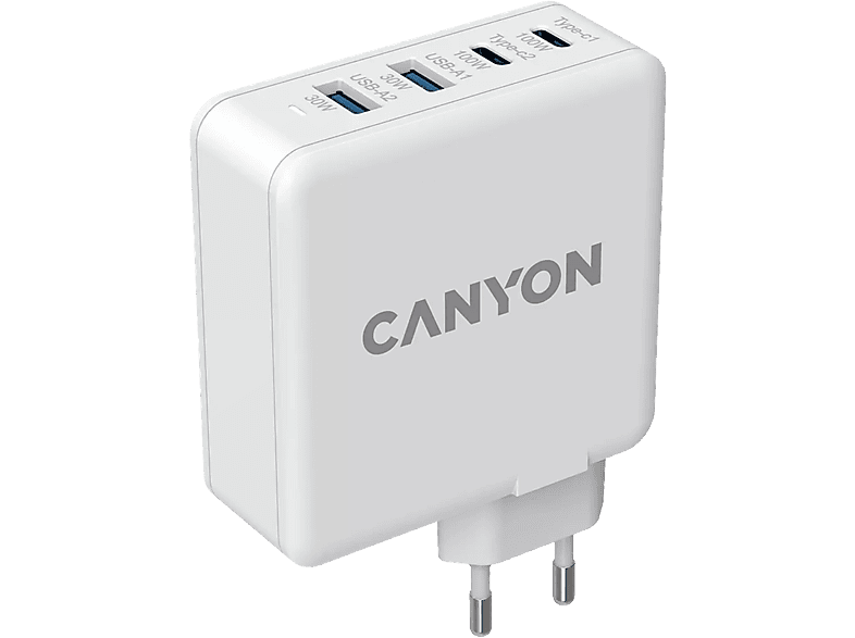 CANYON H-100 univerzális hálózati GaN adapter, 2x USB-A, USB-C, max 100W, PD, QC3, fehér (CND-CHA100W01)