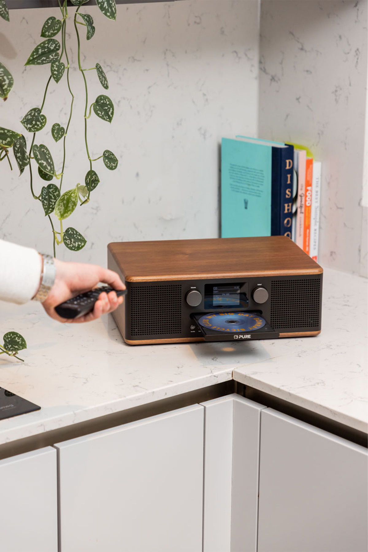 Une radio en bois avec fente pour CD, une personne tenant une télécommande, et des plantes.