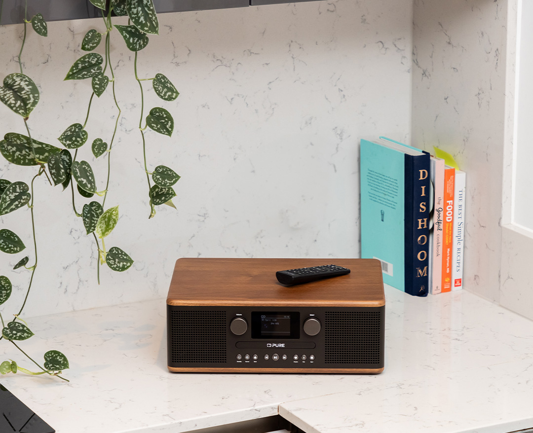 Une radio en bois avec une télécommande sur un comptoir, à côté de livres et d'une plante.